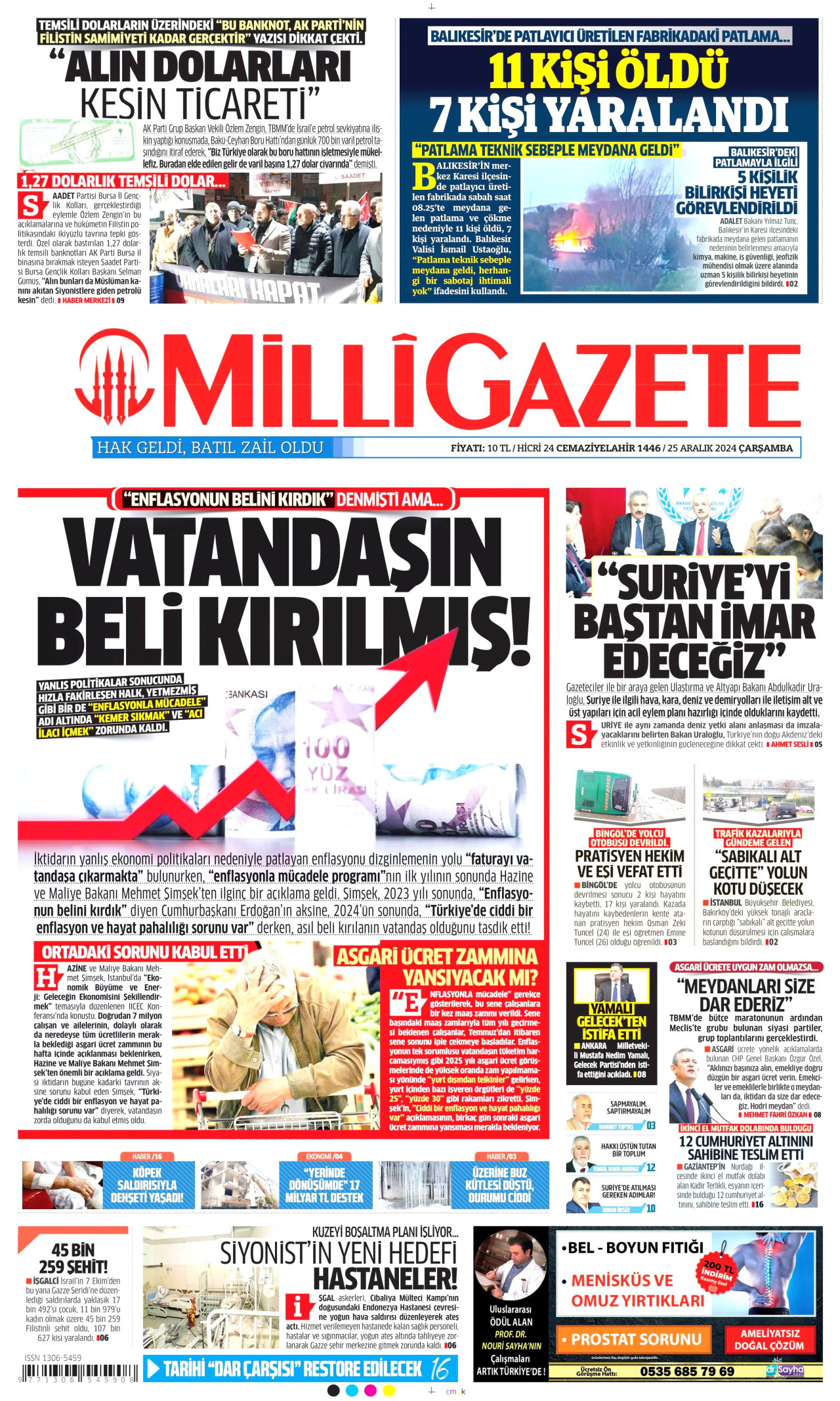 MİLLİ GAZETE gazetesinin 25 Aralık 2024 tarihli birinci sayfası
