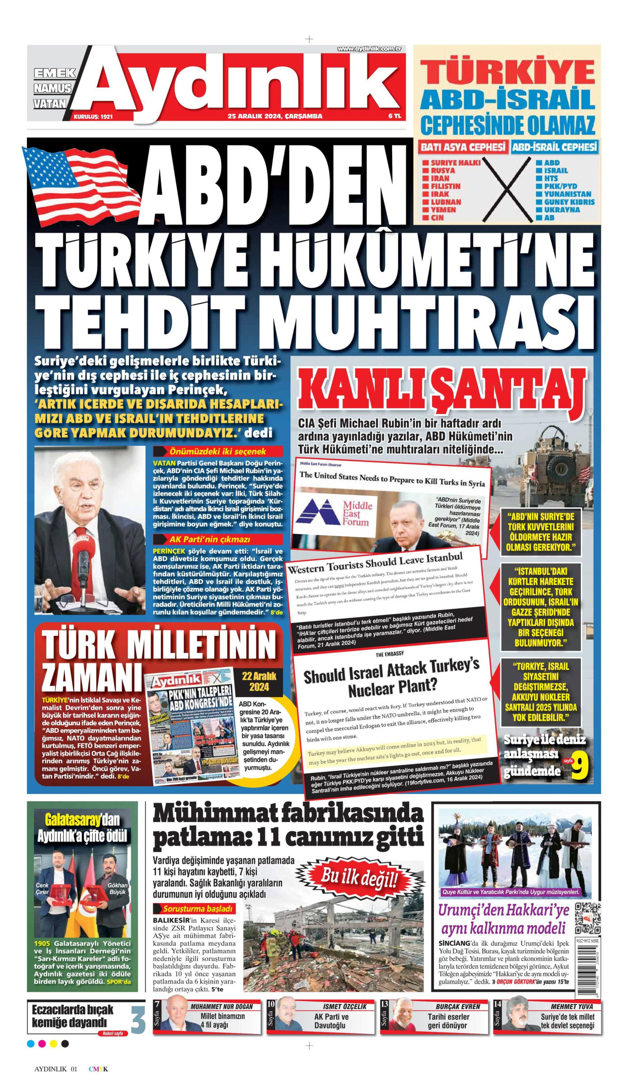 AYDINLIK GAZETESİ gazetesinin 25 Aralık 2024 tarihli birinci sayfası