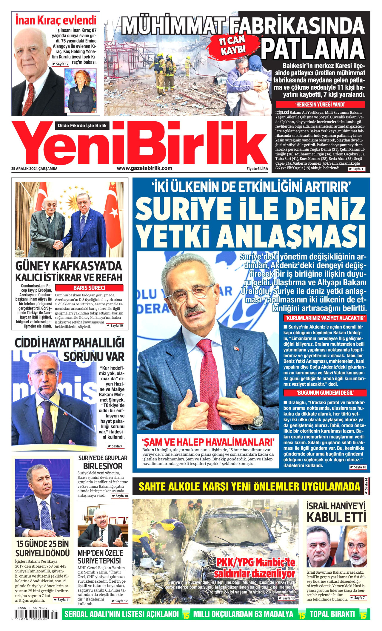 YENİBİRLİK gazetesinin 25 Aralık 2024 tarihli birinci sayfası