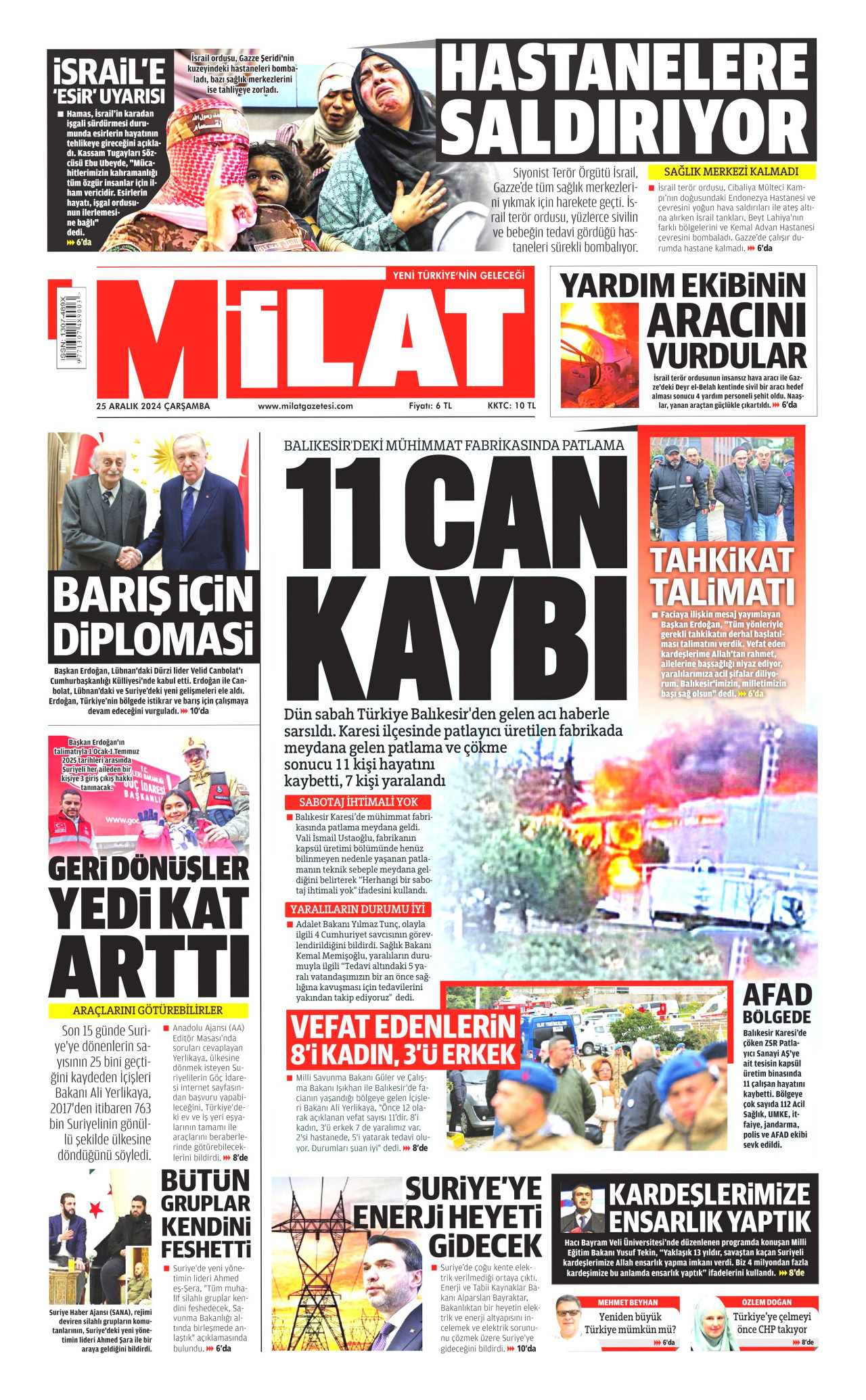 MİLAT gazetesinin 25 Aralık 2024 tarihli birinci sayfası