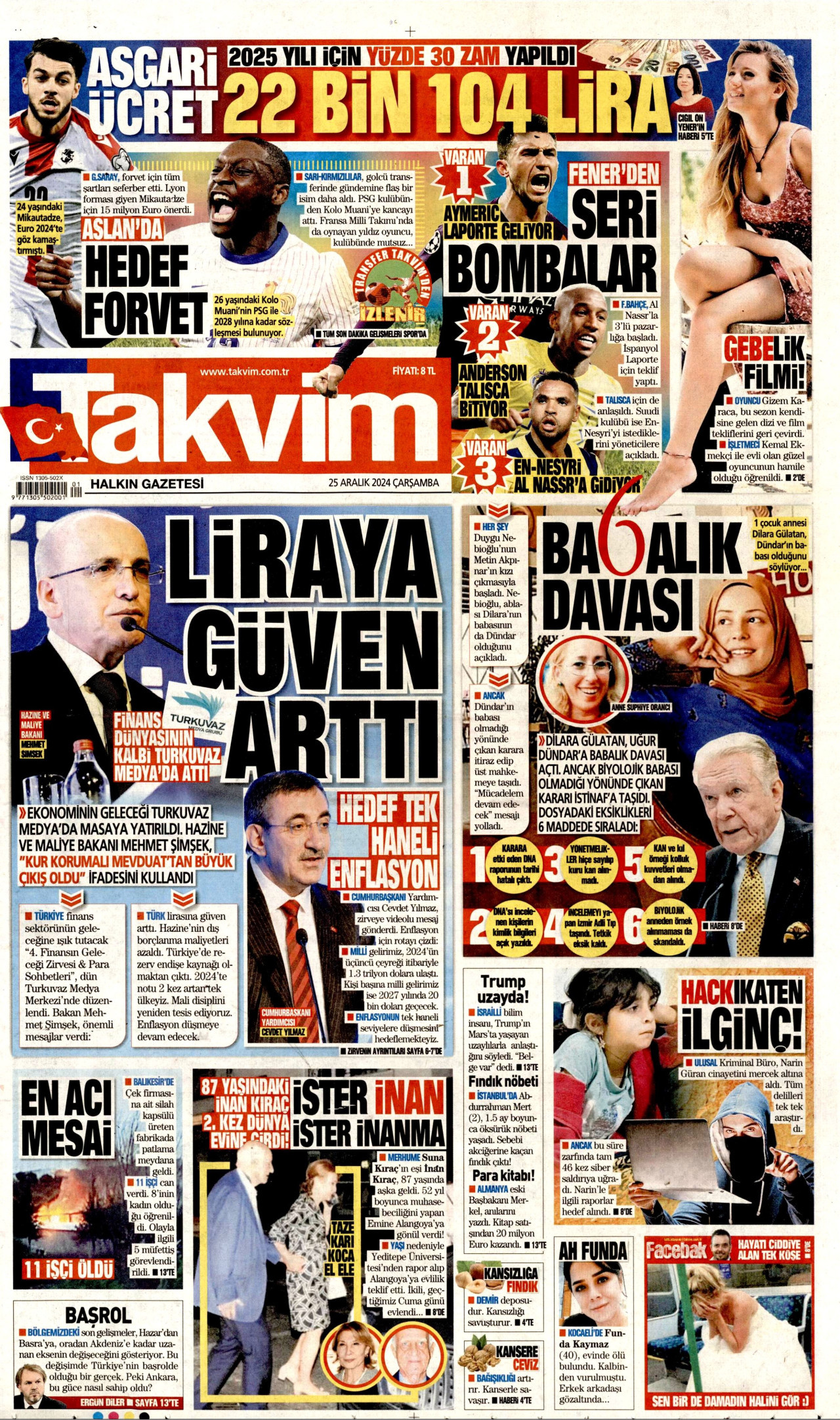 TAKVİM gazetesinin 25 Aralık 2024 tarihli birinci sayfası