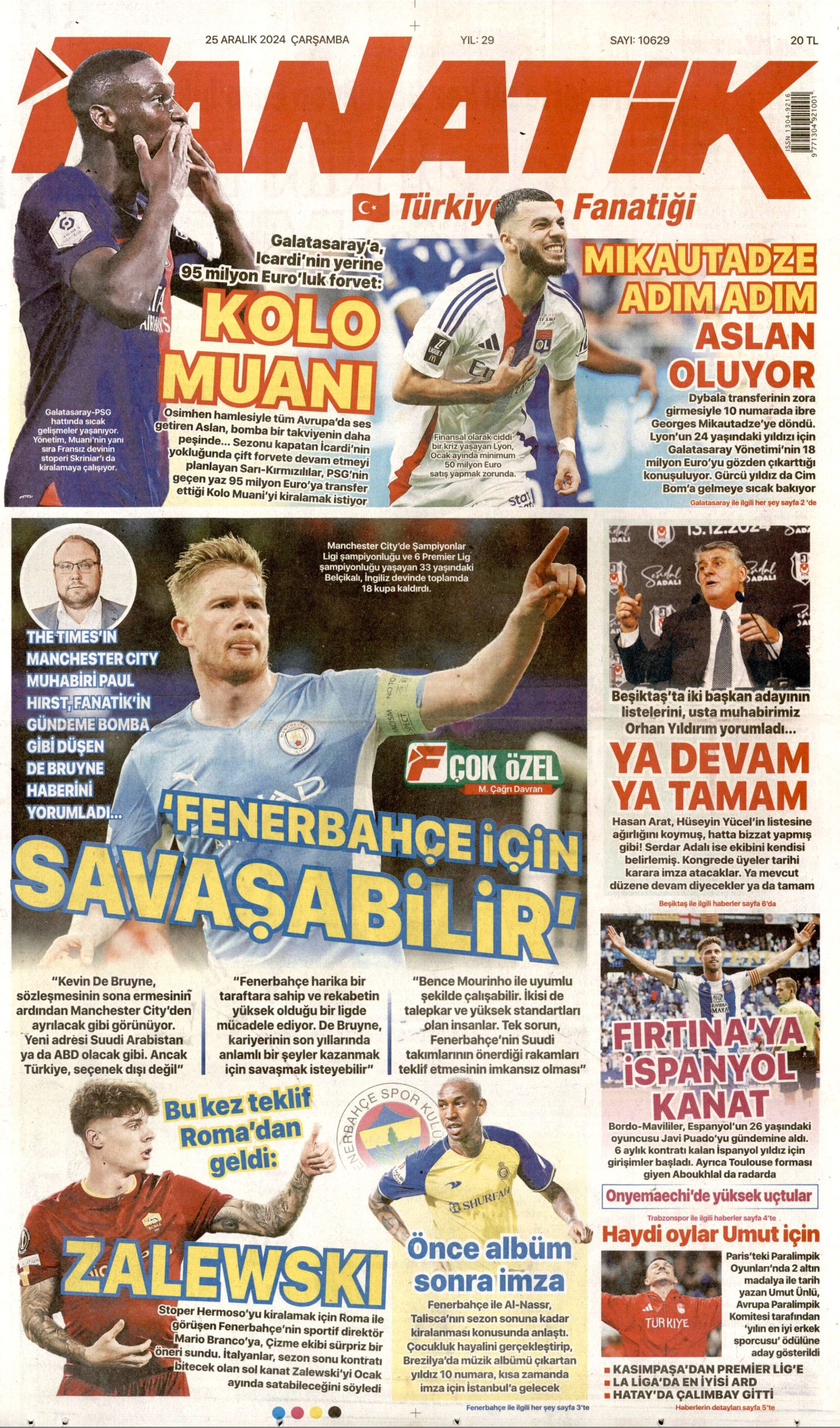 FANATİK gazetesinin 25 Aralık 2024 tarihli birinci sayfası