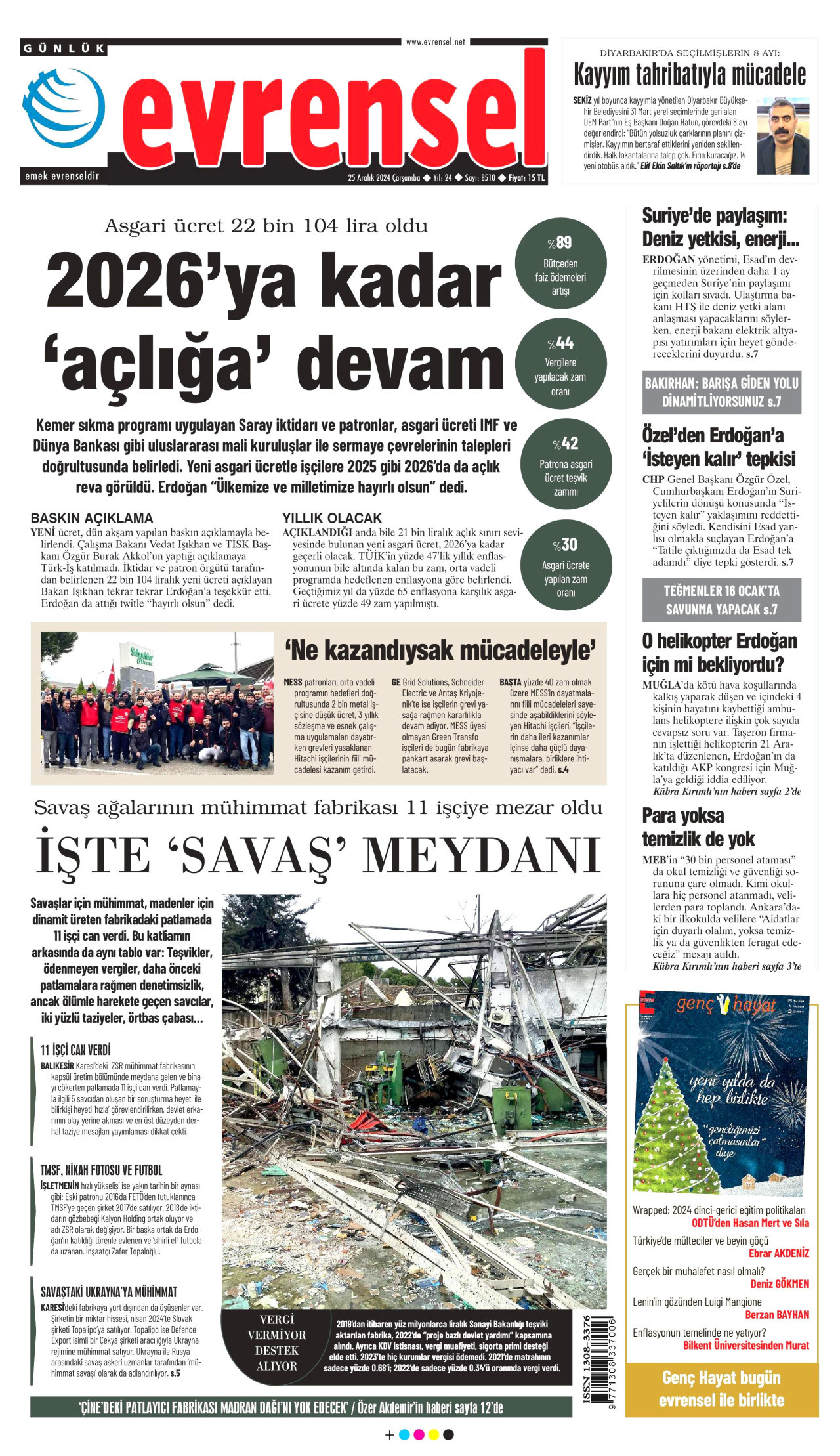 EVRENSEL gazetesinin 25 Aralık 2024 tarihli birinci sayfası