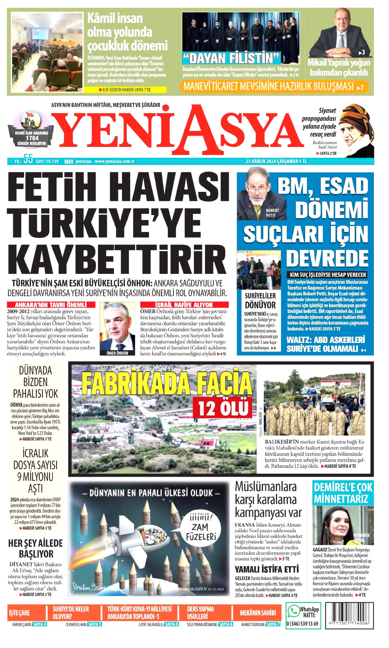 YENİ ASYA gazetesinin 25 Aralık 2024 tarihli birinci sayfası