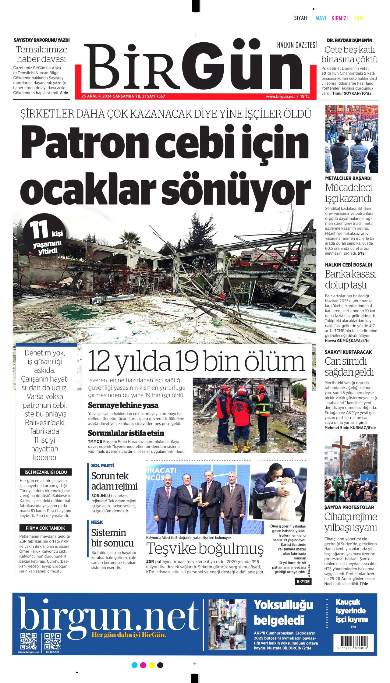 BİRGÜN gazetesinin 25 Aralık 2024 tarihli birinci sayfası