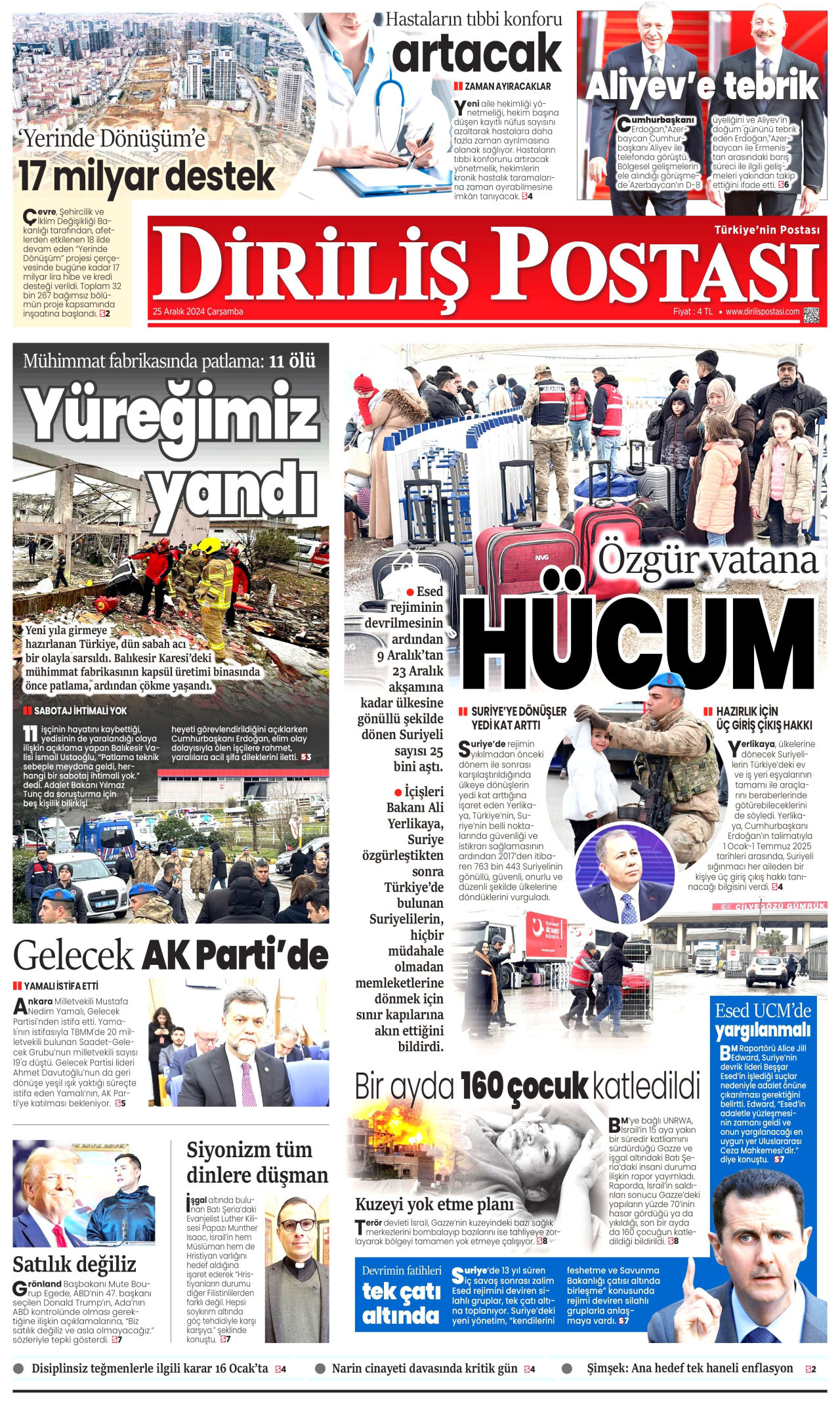 DİRİLİŞ POSTASI gazetesinin 25 Aralık 2024 tarihli birinci sayfası