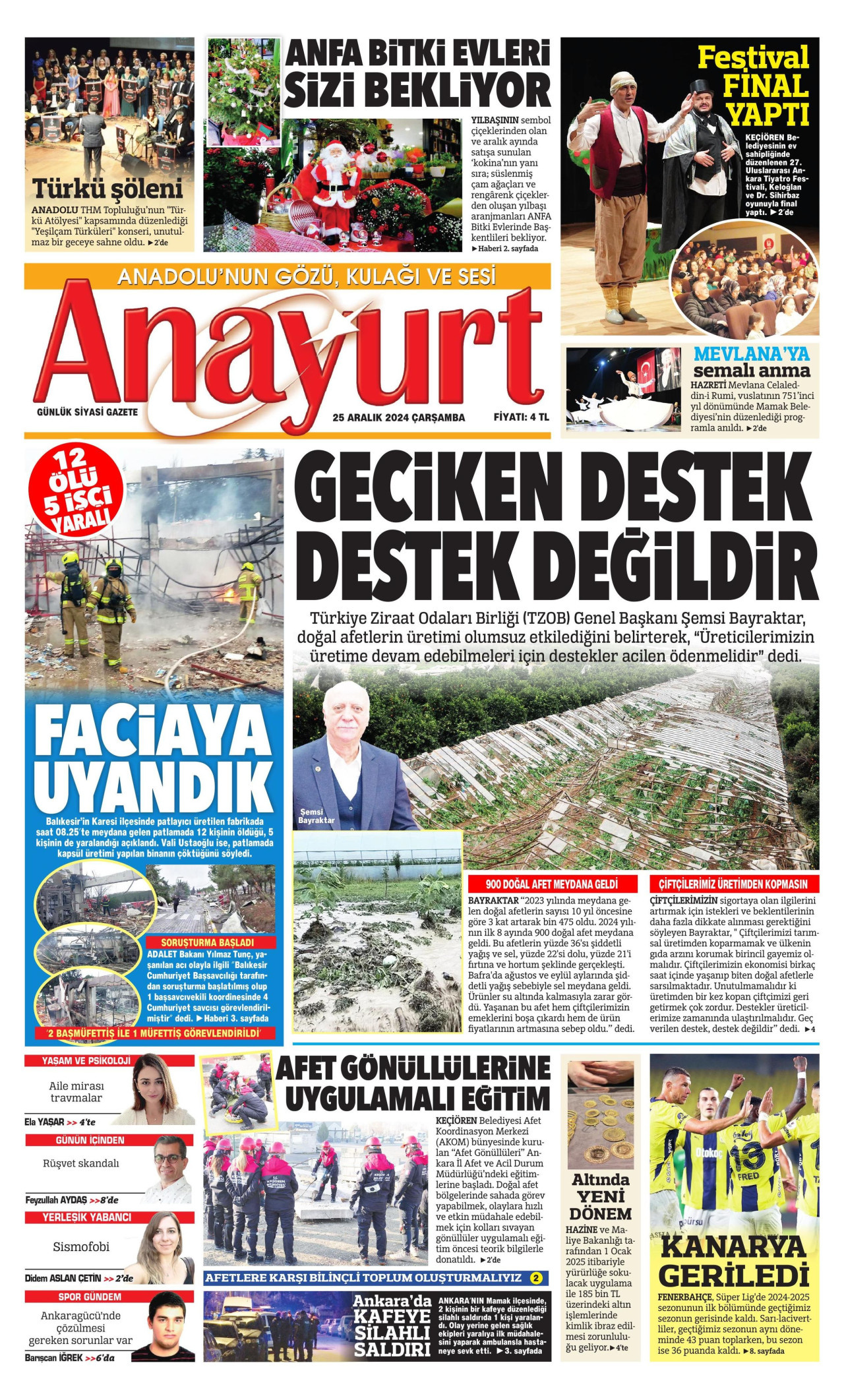 ANAYURT gazetesinin 25 Aralık 2024 tarihli birinci sayfası
