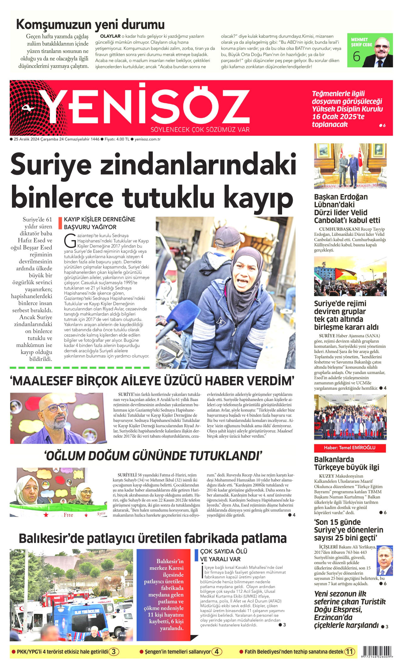 YENİ SÖZ GAZETESİ gazetesinin 25 Aralık 2024 tarihli birinci sayfası