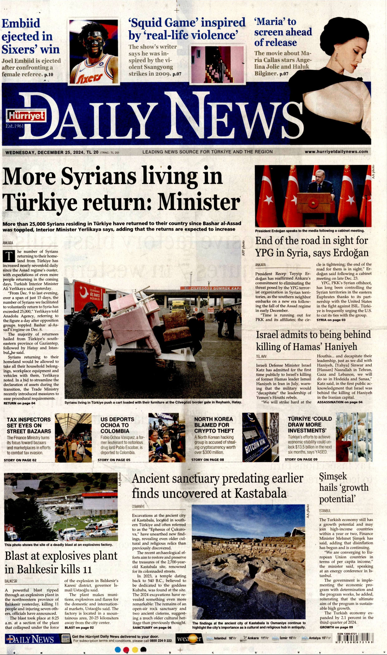 HÜRRİYET DAİLY NEWS gazetesinin 25 Aralık 2024 tarihli birinci sayfası
