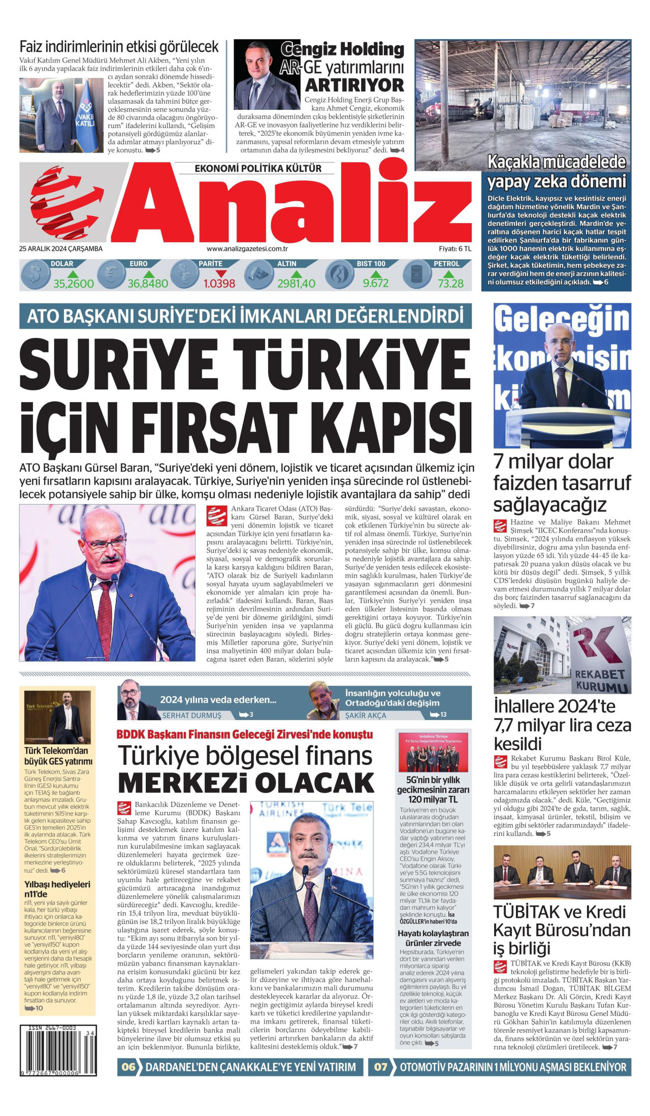 ANALİZ gazetesinin 25 Aralık 2024 tarihli birinci sayfası