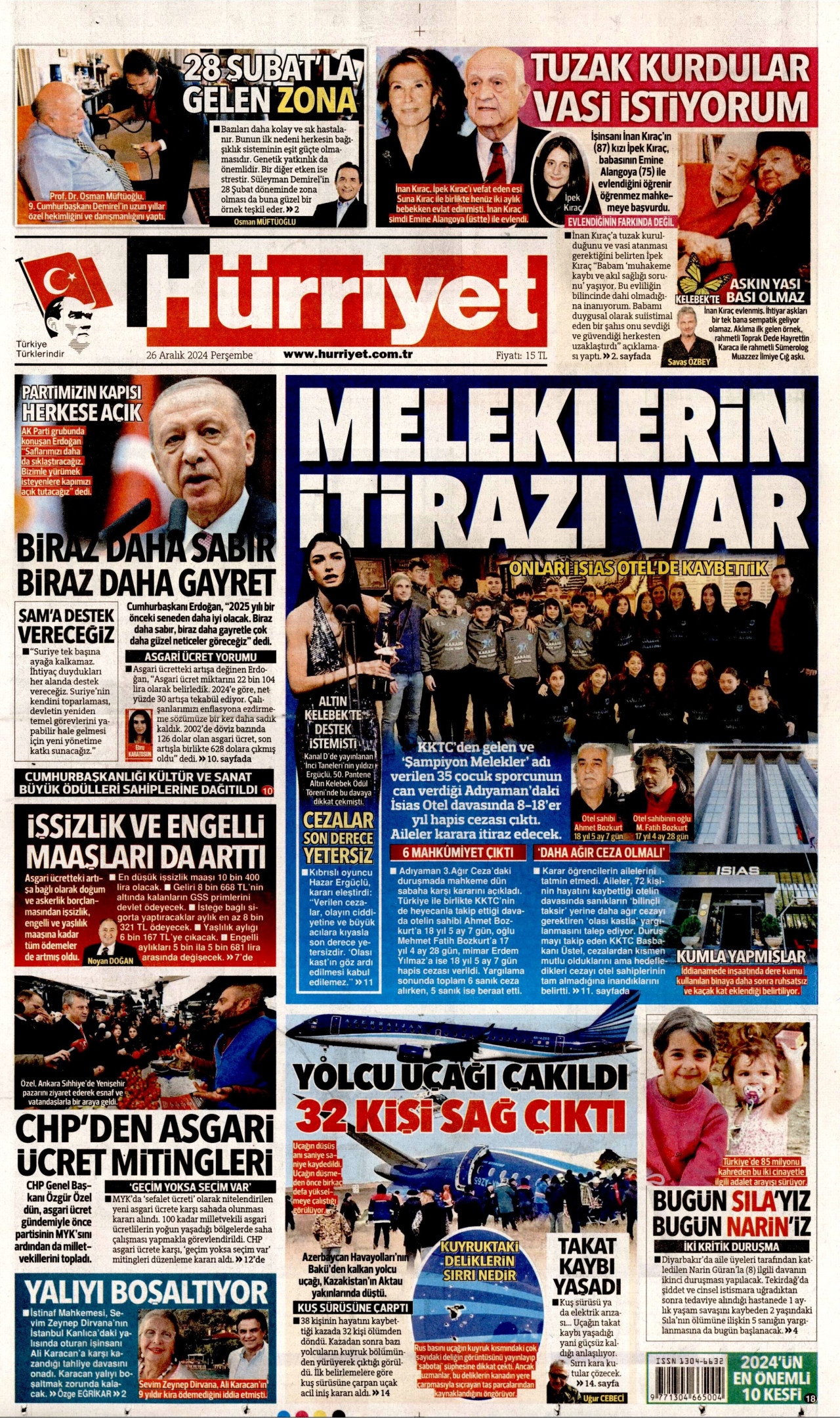 HÜRRİYET gazetesinin 26 Aralık 2024 tarihli birinci sayfası
