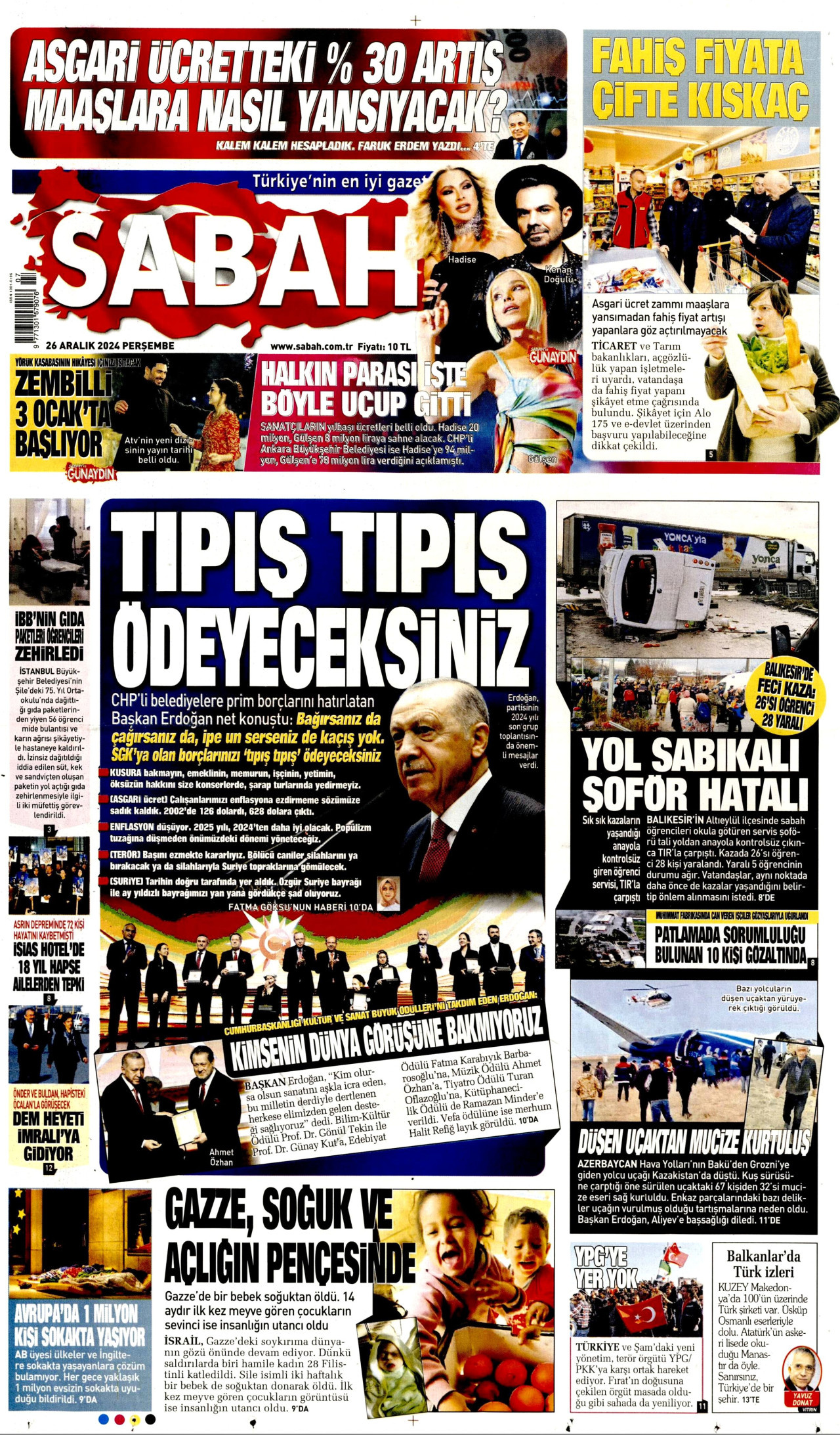 SABAH gazetesinin 26 Aralık 2024 tarihli birinci sayfası
