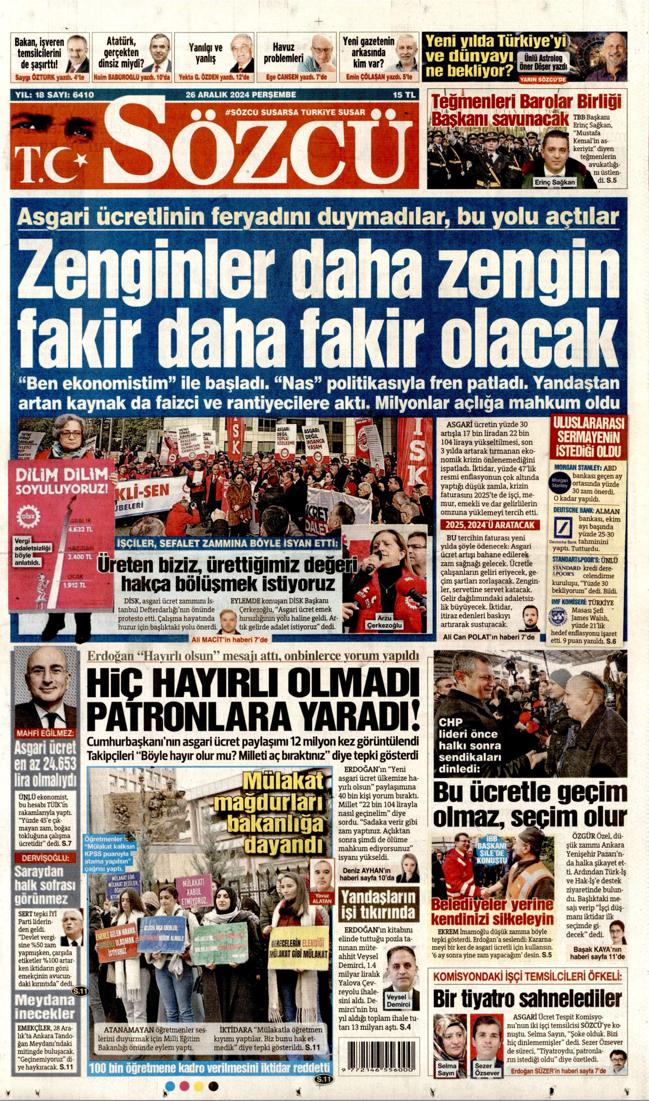 SÖZCÜ gazetesinin 26 Aralık 2024 tarihli birinci sayfası