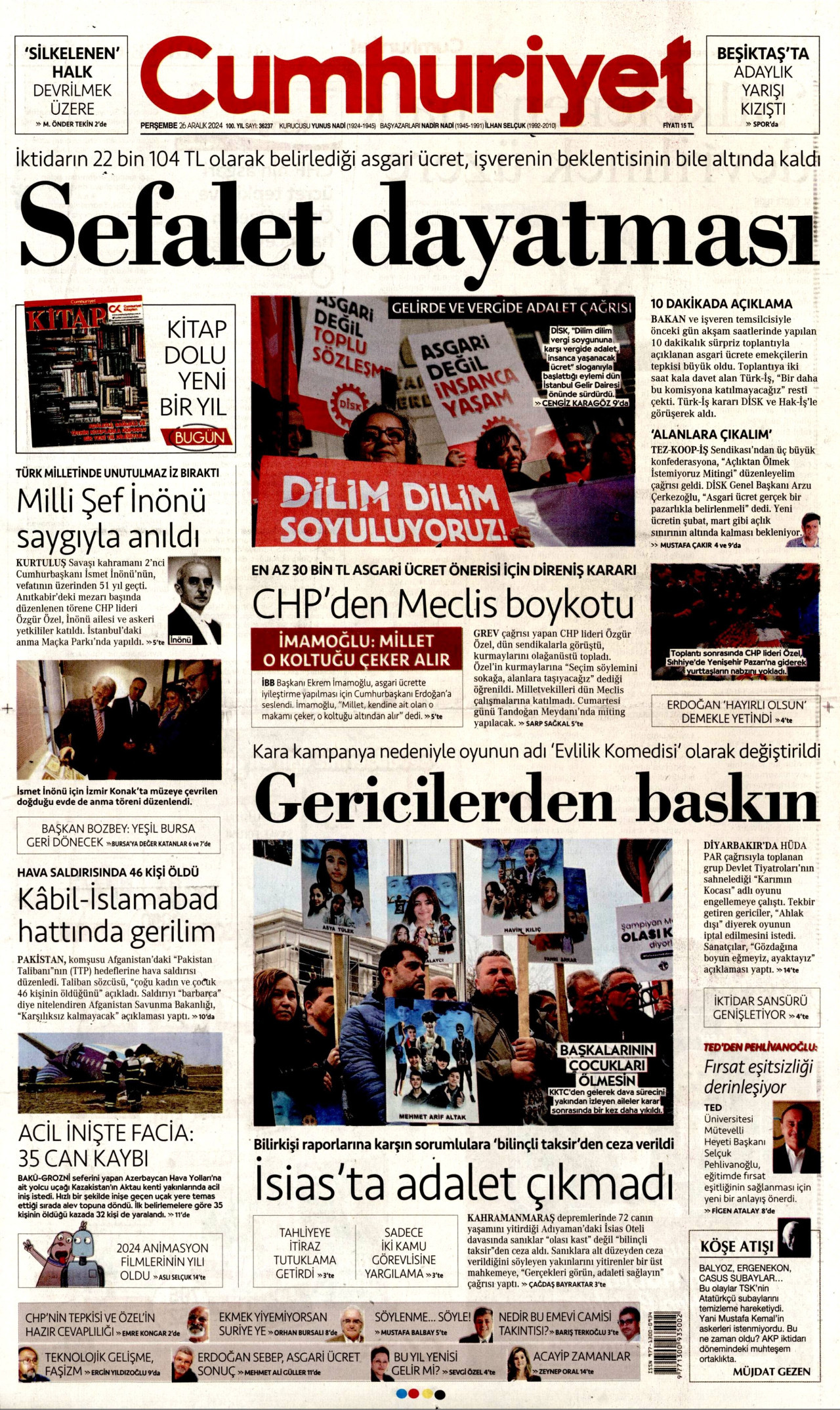 CUMHURİYET gazetesinin 26 Aralık 2024 tarihli birinci sayfası
