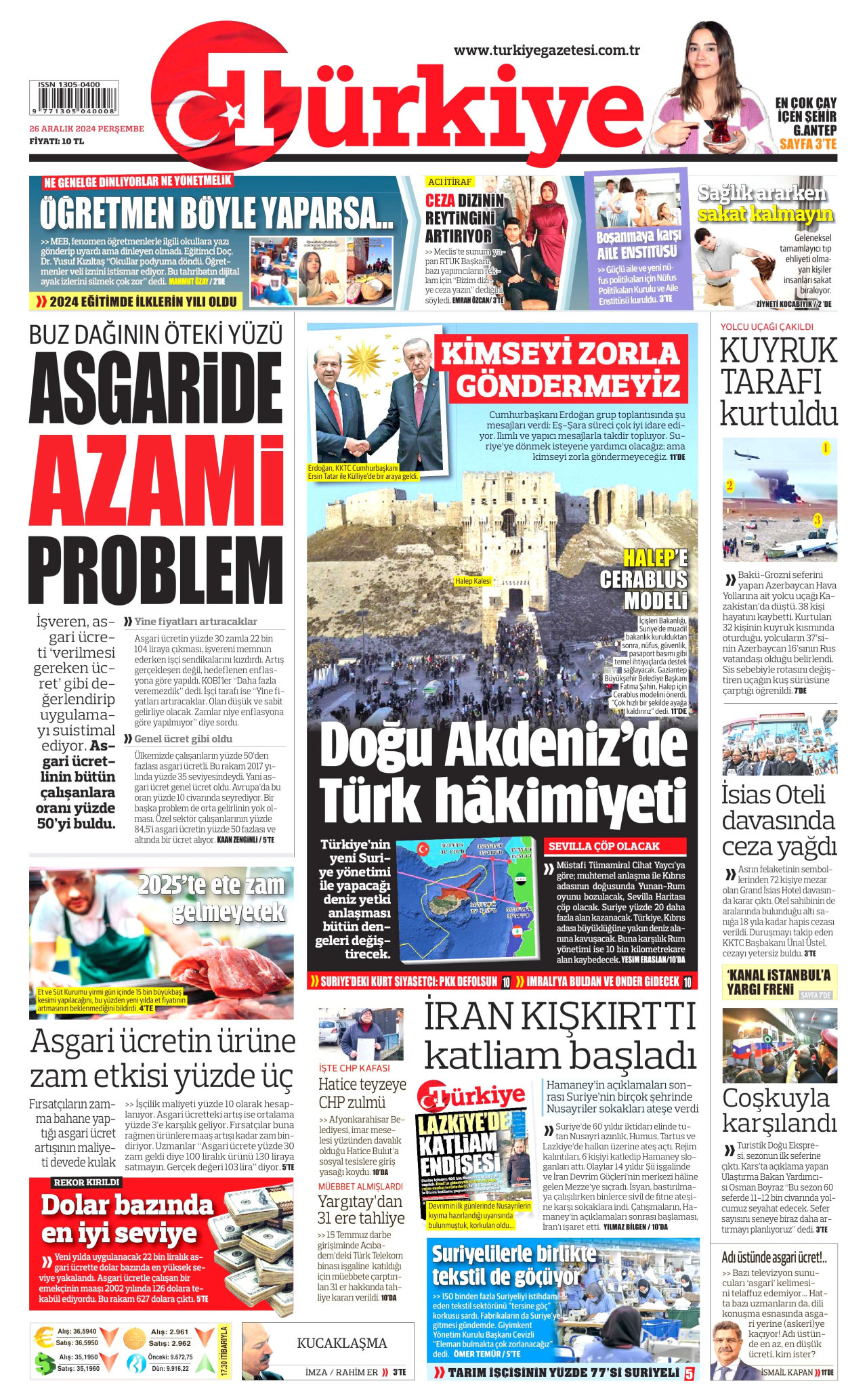 TÜRKİYE GAZETESİ gazetesinin 26 Aralık 2024 tarihli birinci sayfası