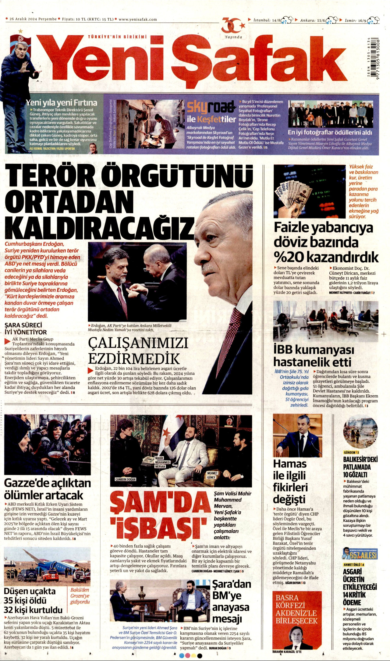 YENİ ŞAFAK gazetesinin 26 Aralık 2024 tarihli birinci sayfası