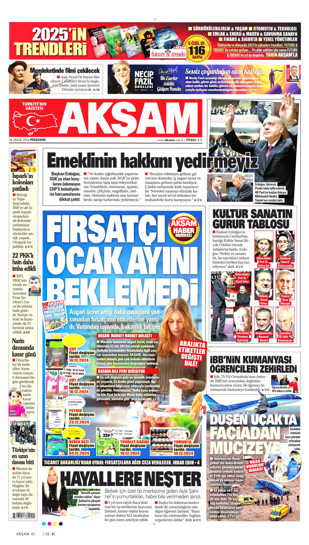 AKŞAM gazetesinin 26 Aralık 2024 tarihli birinci sayfası