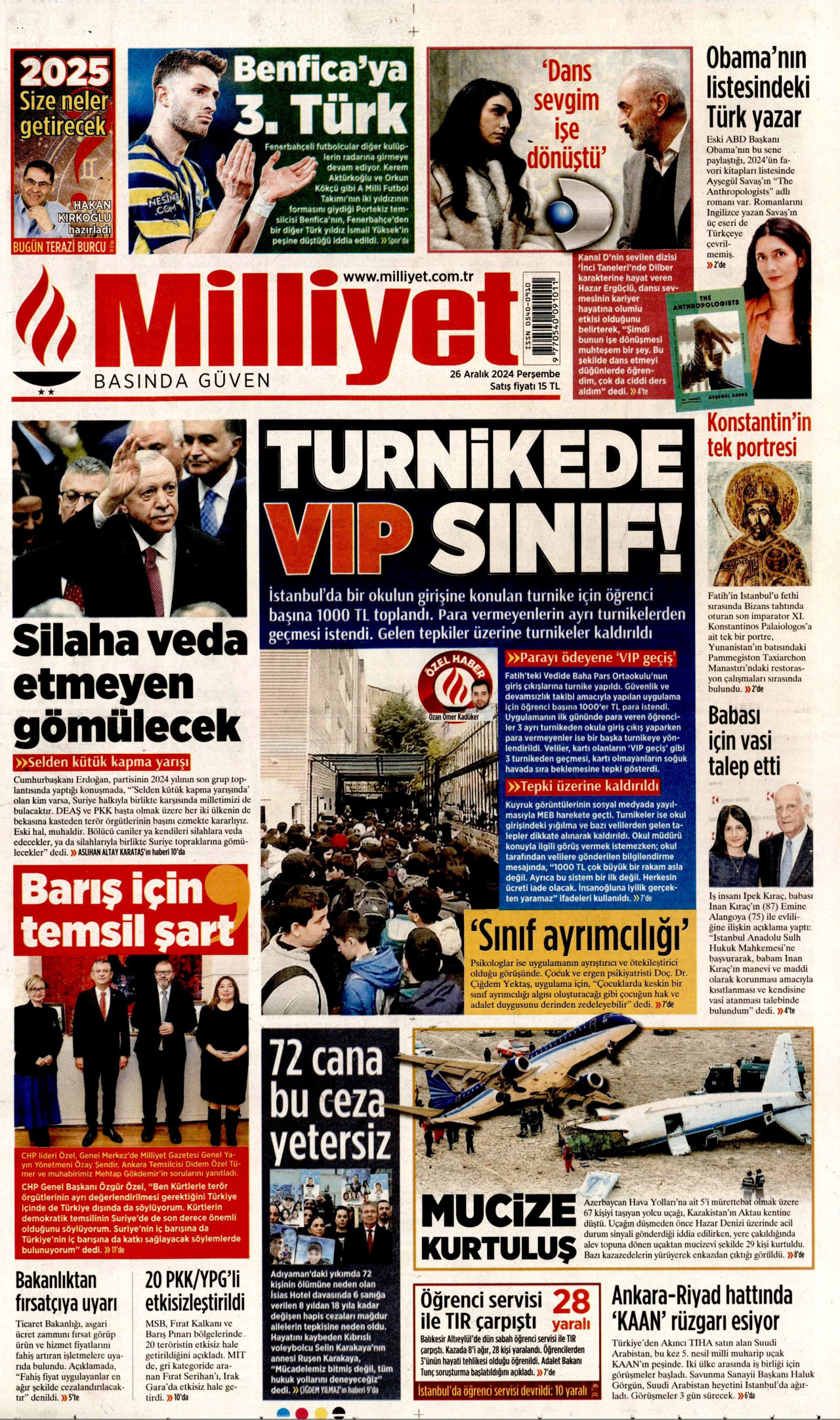 MİLLİYET gazetesinin 26 Aralık 2024 tarihli birinci sayfası