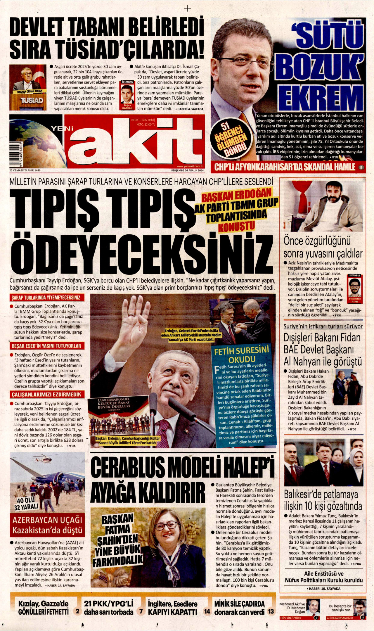 YENİ AKİT gazetesinin 26 Aralık 2024 tarihli birinci sayfası
