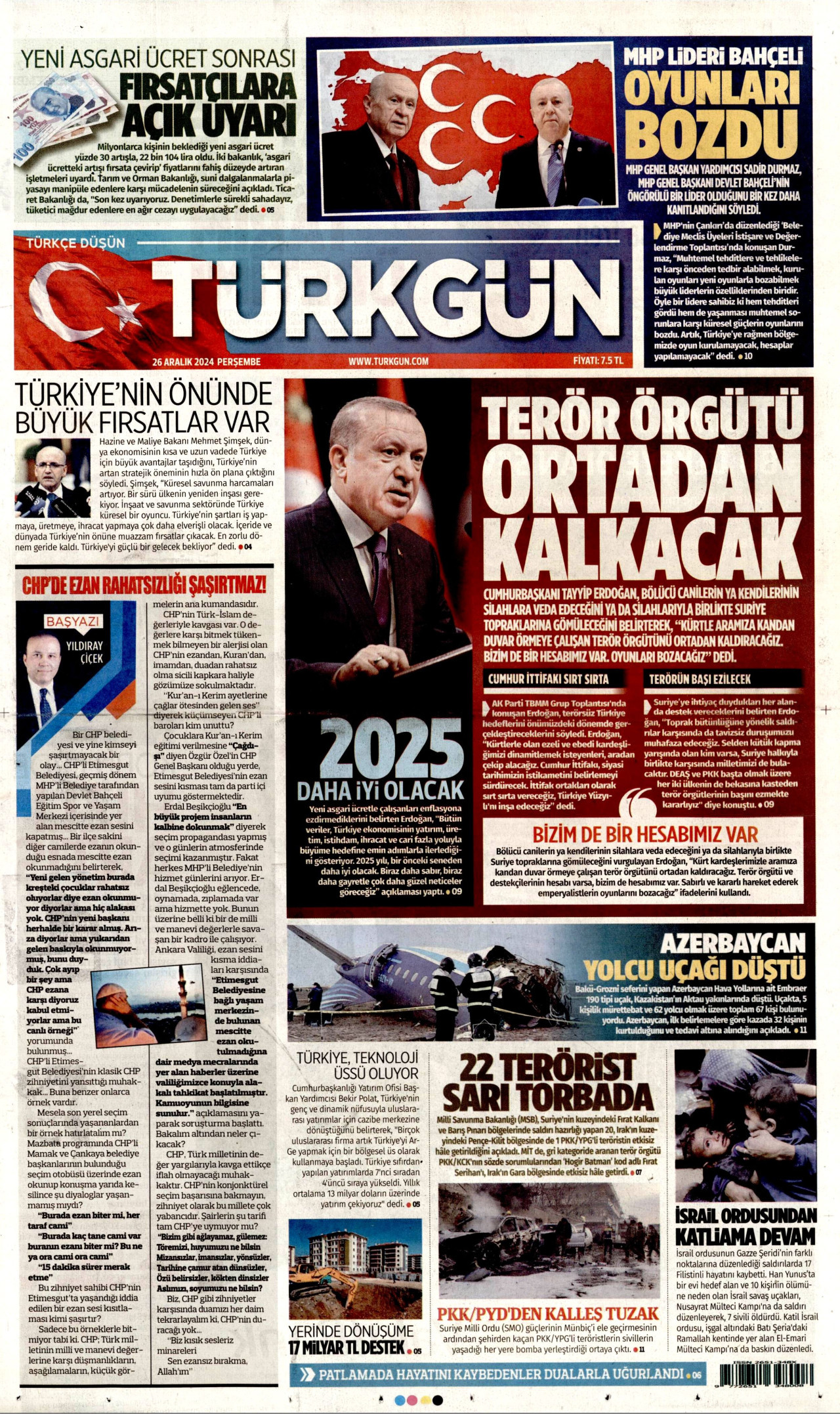 TÜRKGÜN gazetesinin 26 Aralık 2024 tarihli birinci sayfası