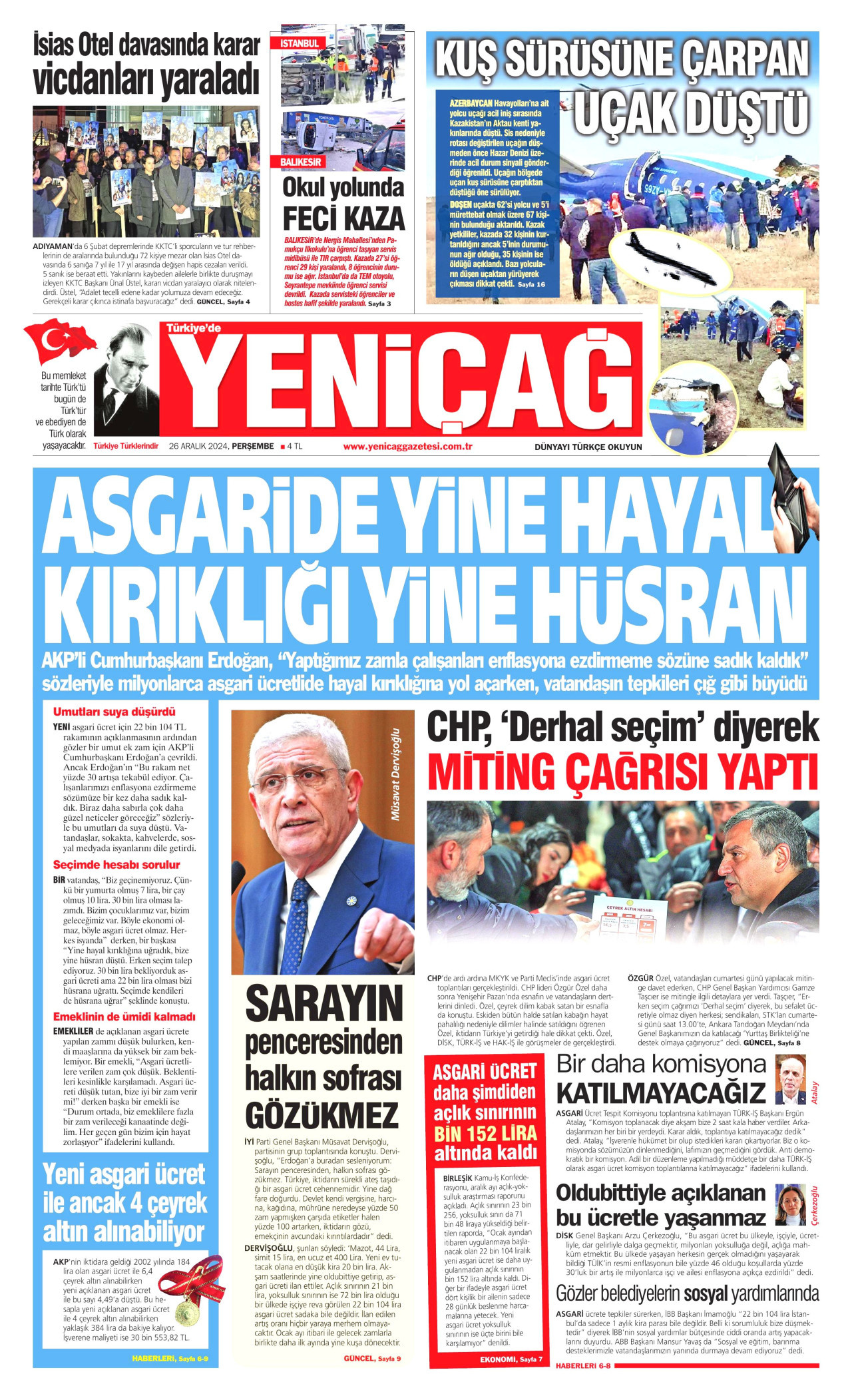 YENİÇAĞ gazetesinin 26 Aralık 2024 tarihli birinci sayfası