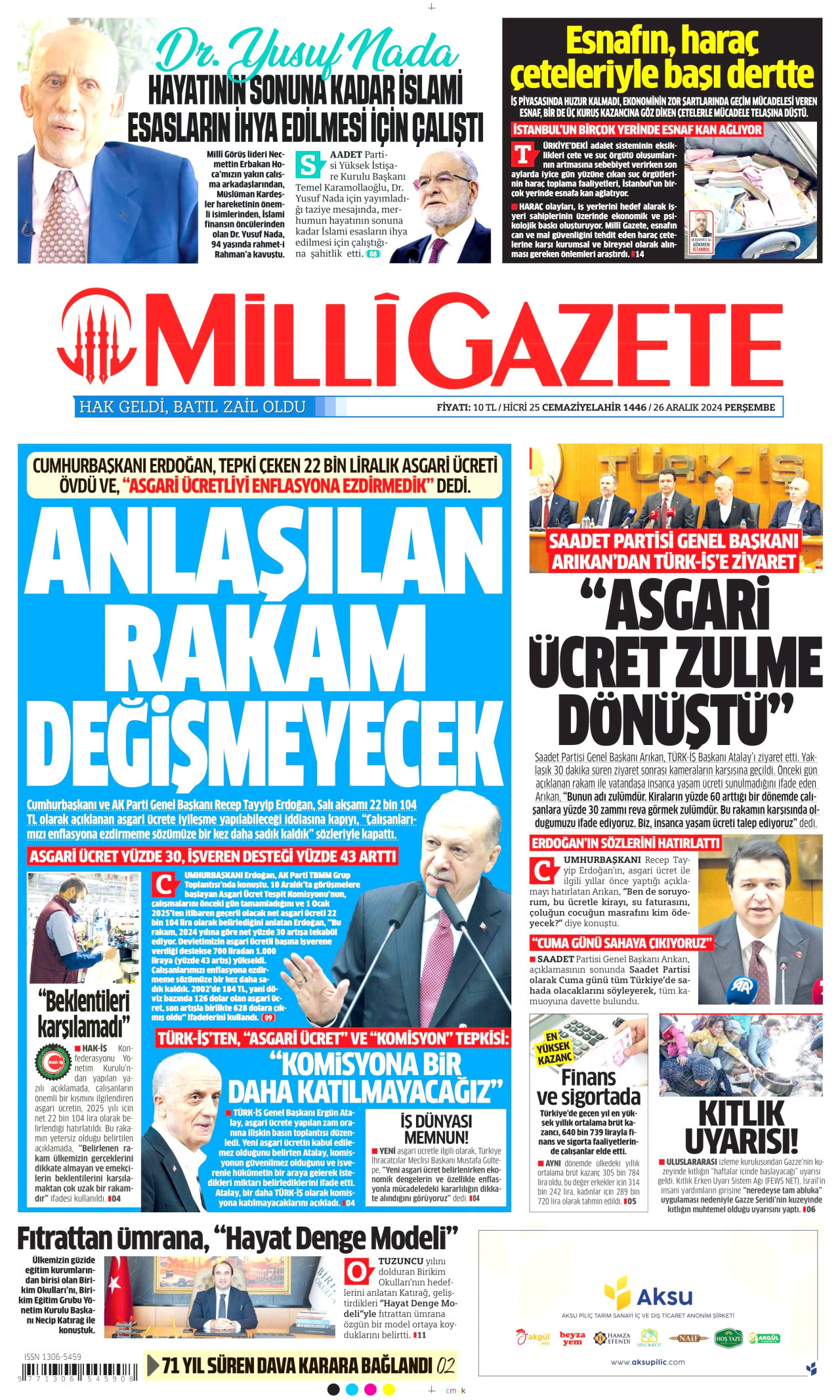 MİLLİ GAZETE gazetesinin 26 Aralık 2024 tarihli birinci sayfası