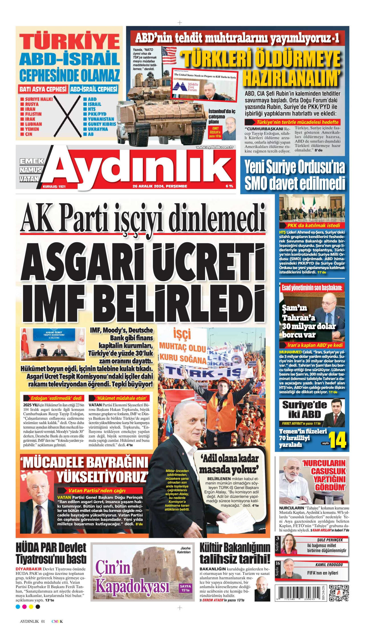 AYDINLIK GAZETESİ gazetesinin 26 Aralık 2024 tarihli birinci sayfası