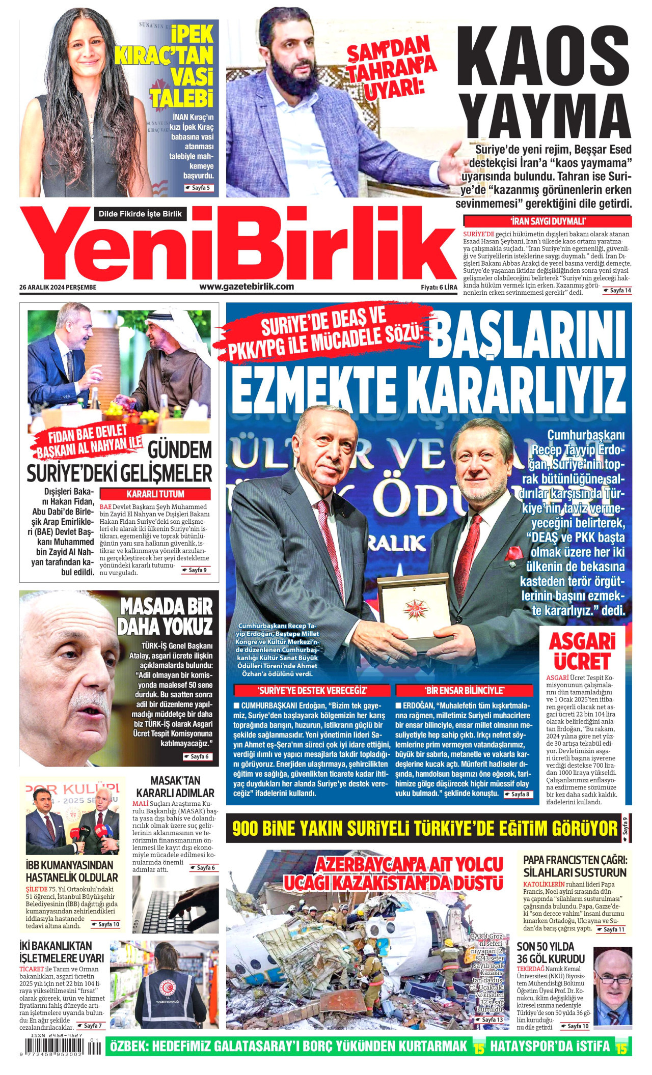 YENİBİRLİK gazetesinin 26 Aralık 2024 tarihli birinci sayfası