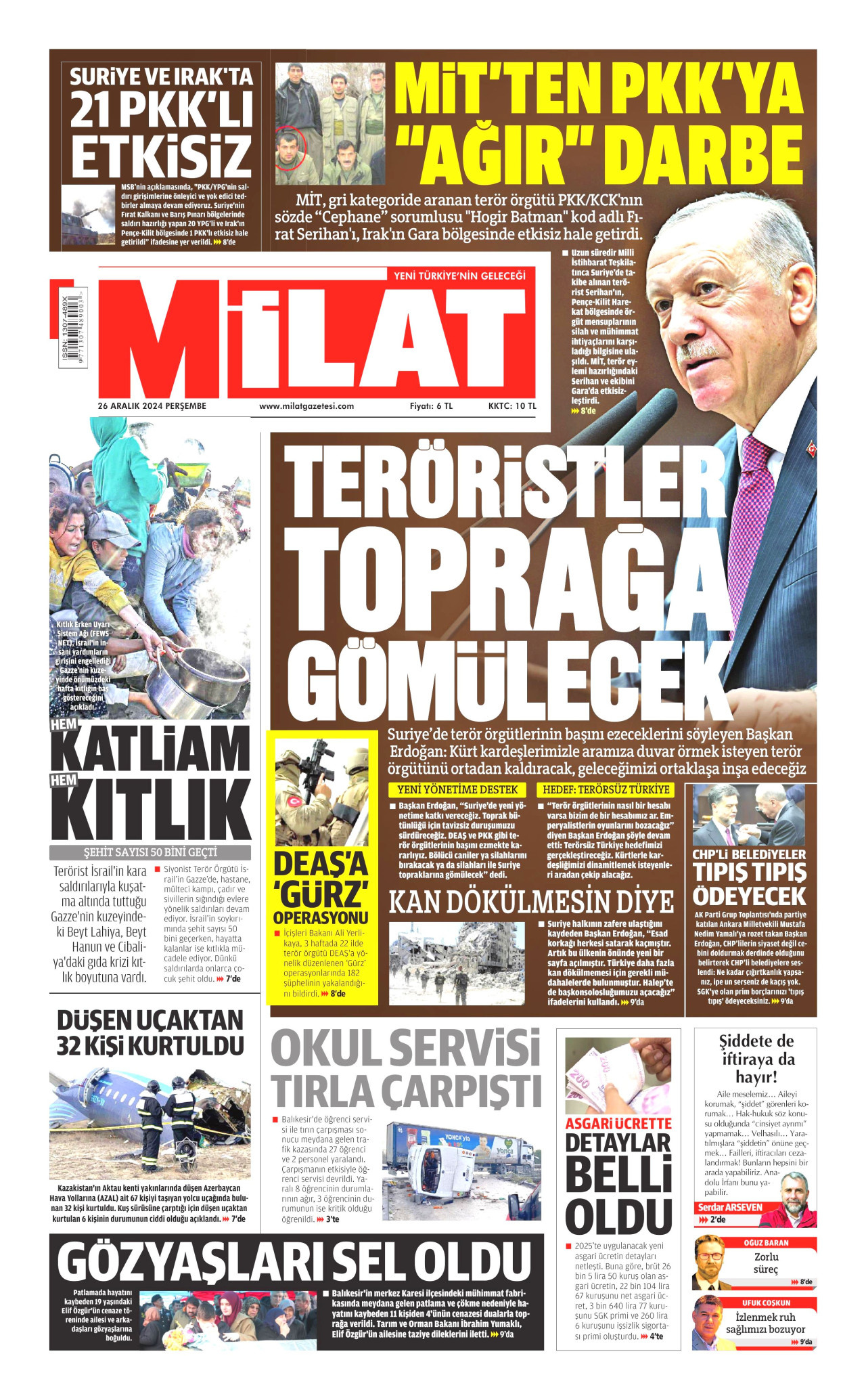 MİLAT gazetesinin 26 Aralık 2024 tarihli birinci sayfası