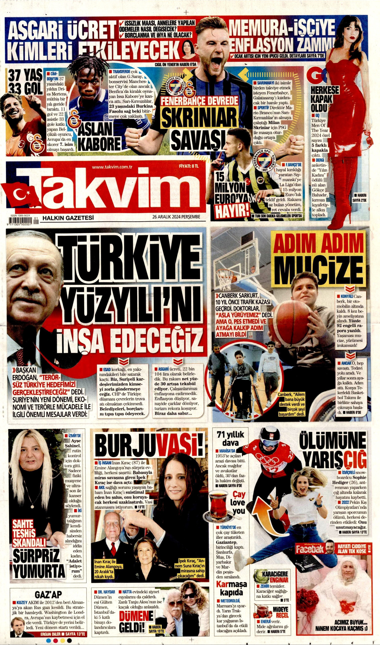 TAKVİM gazetesinin 26 Aralık 2024 tarihli birinci sayfası