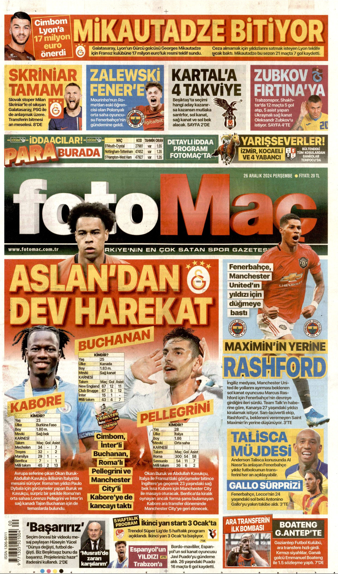 FOTOMAÇ gazetesinin 26 Aralık 2024 tarihli birinci sayfası