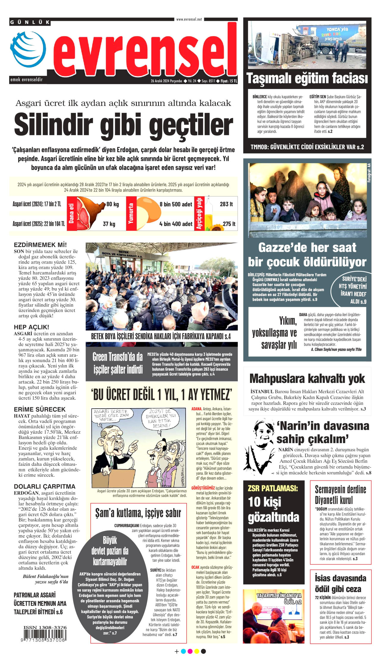 EVRENSEL gazetesinin 26 Aralık 2024 tarihli birinci sayfası
