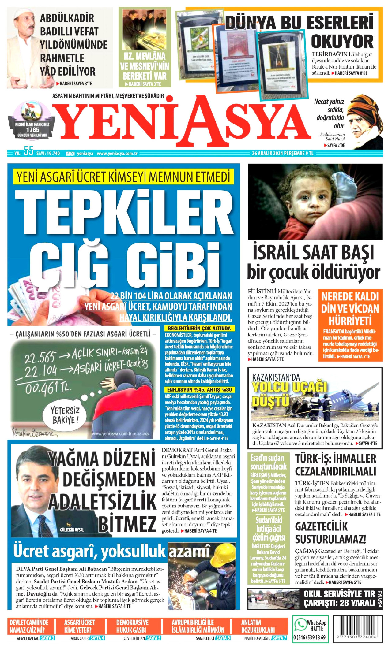 YENİ ASYA gazetesinin 26 Aralık 2024 tarihli birinci sayfası