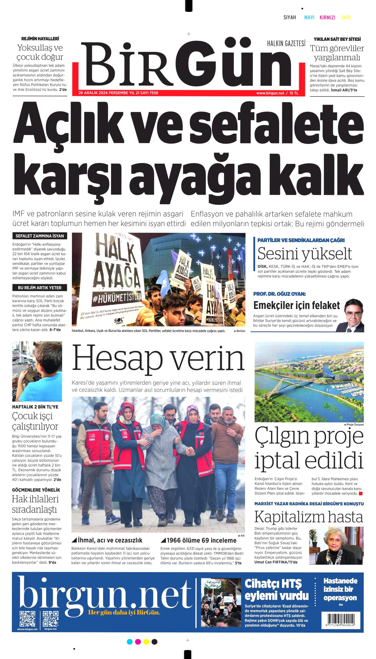 BİRGÜN gazetesinin 26 Aralık 2024 tarihli birinci sayfası