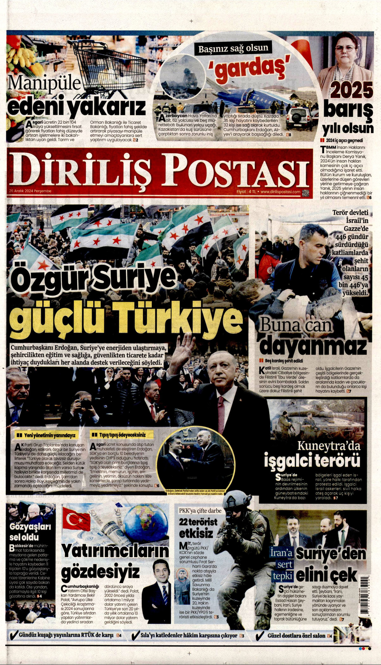 DİRİLİŞ POSTASI gazetesinin 26 Aralık 2024 tarihli birinci sayfası