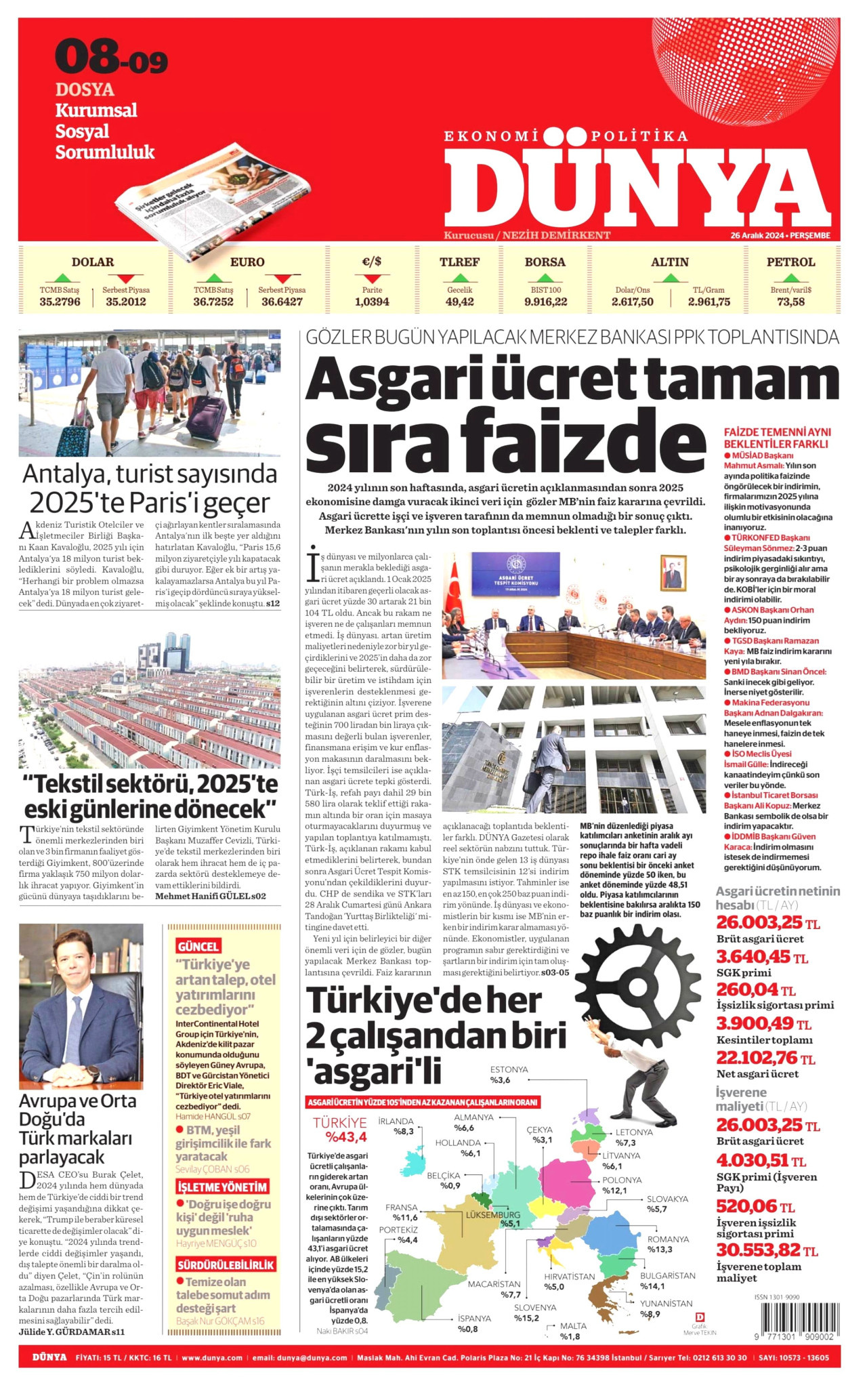 DÜNYA gazetesinin 26 Aralık 2024 tarihli birinci sayfası