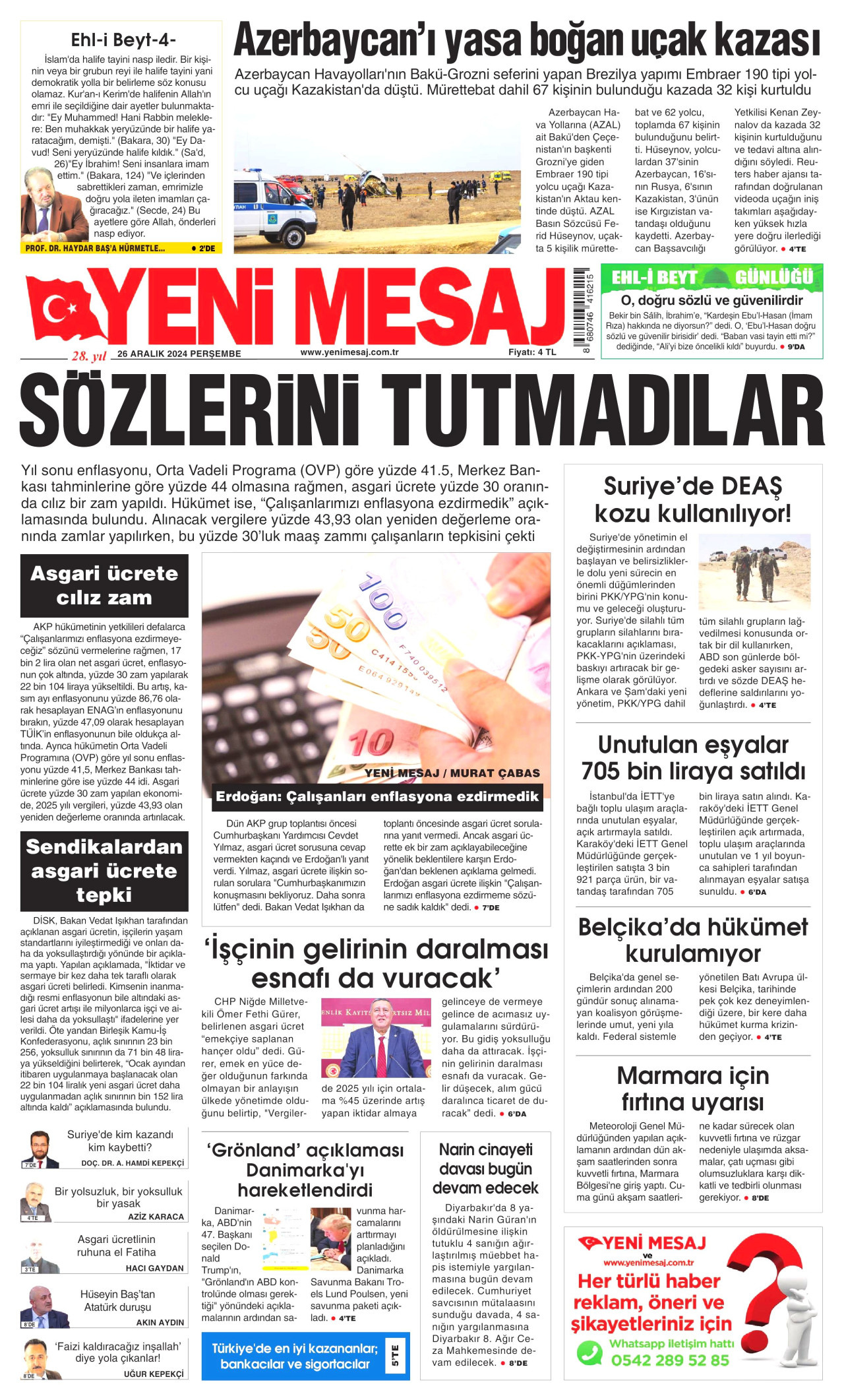 YENİ MESAJ gazetesinin 26 Aralık 2024 tarihli birinci sayfası