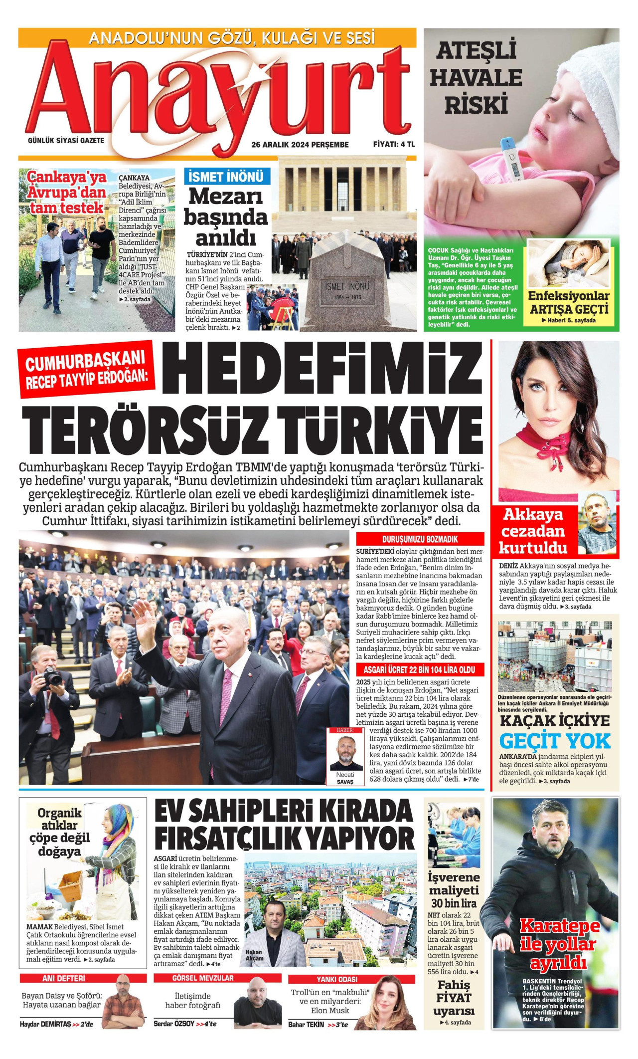 ANAYURT gazetesinin 26 Aralık 2024 tarihli birinci sayfası