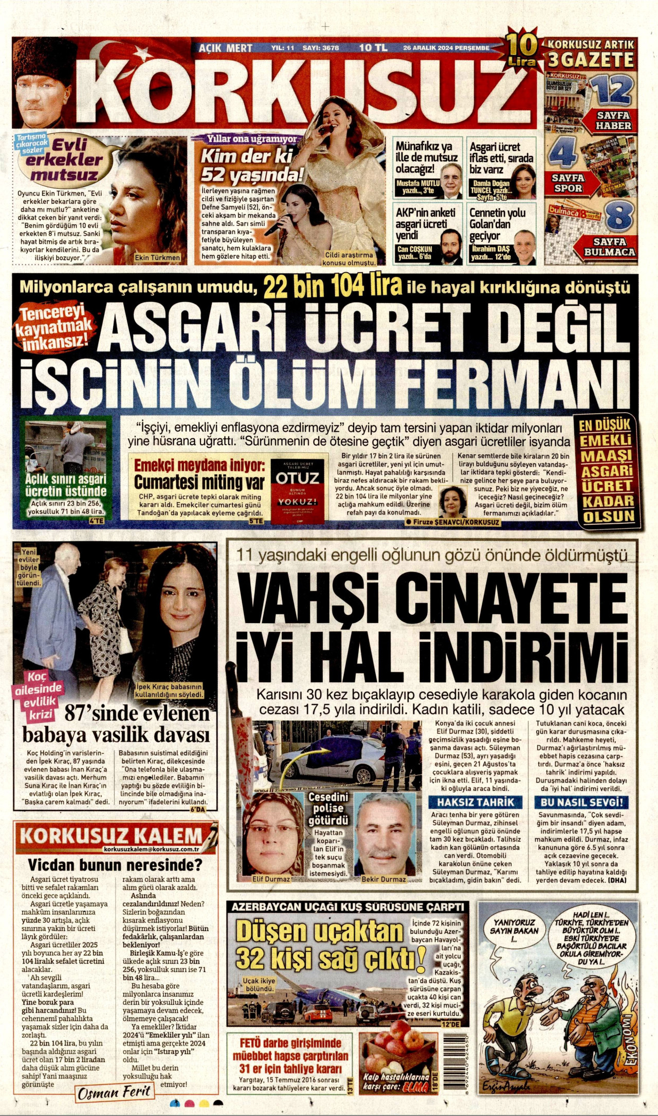 KORKUSUZ gazetesinin 26 Aralık 2024 tarihli birinci sayfası