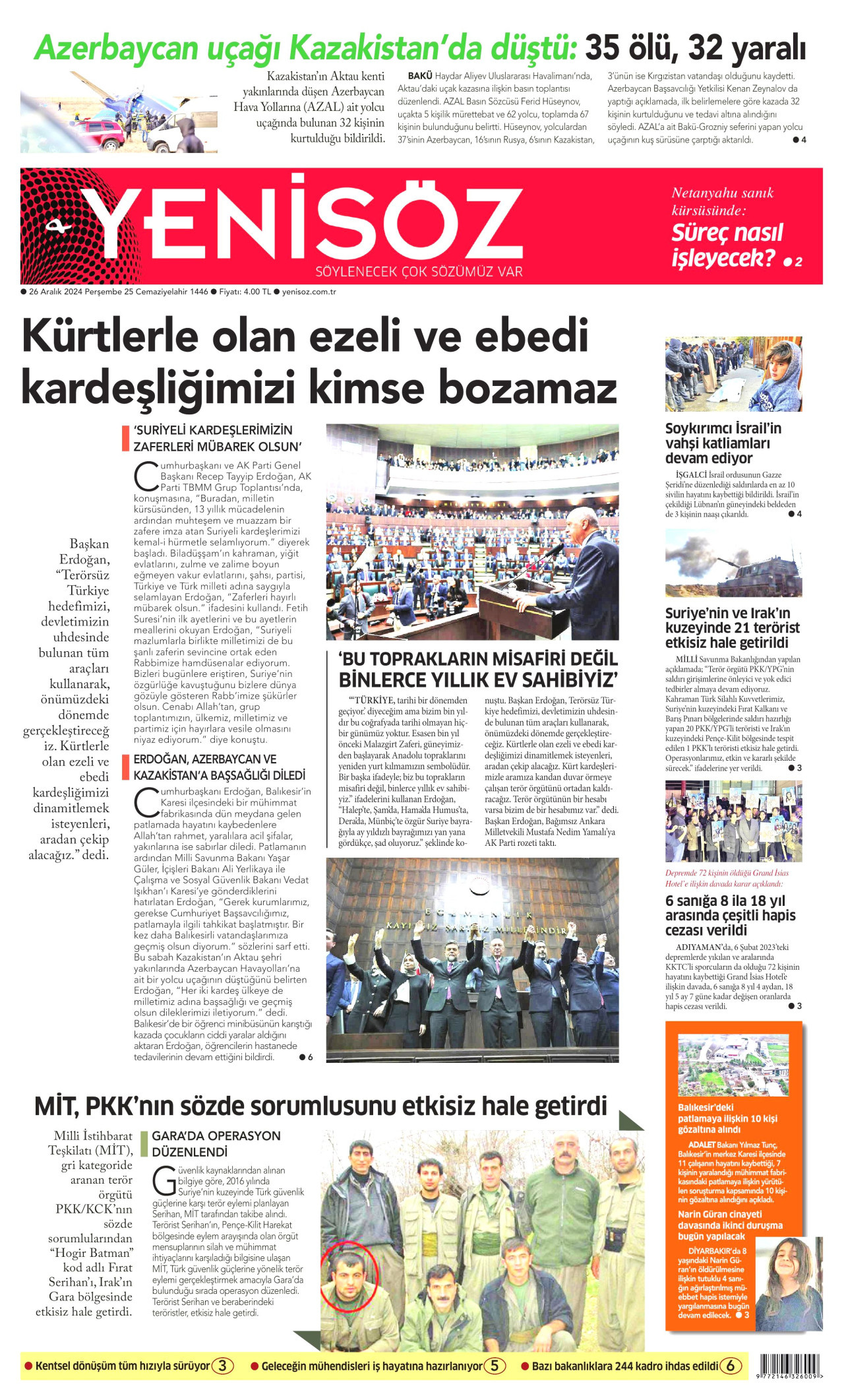 YENİ SÖZ GAZETESİ gazetesinin 26 Aralık 2024 tarihli birinci sayfası