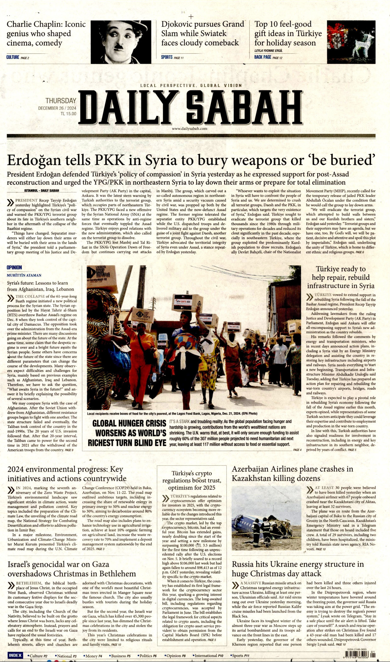 DAİLY SABAH gazetesinin 26 Aralık 2024 tarihli birinci sayfası