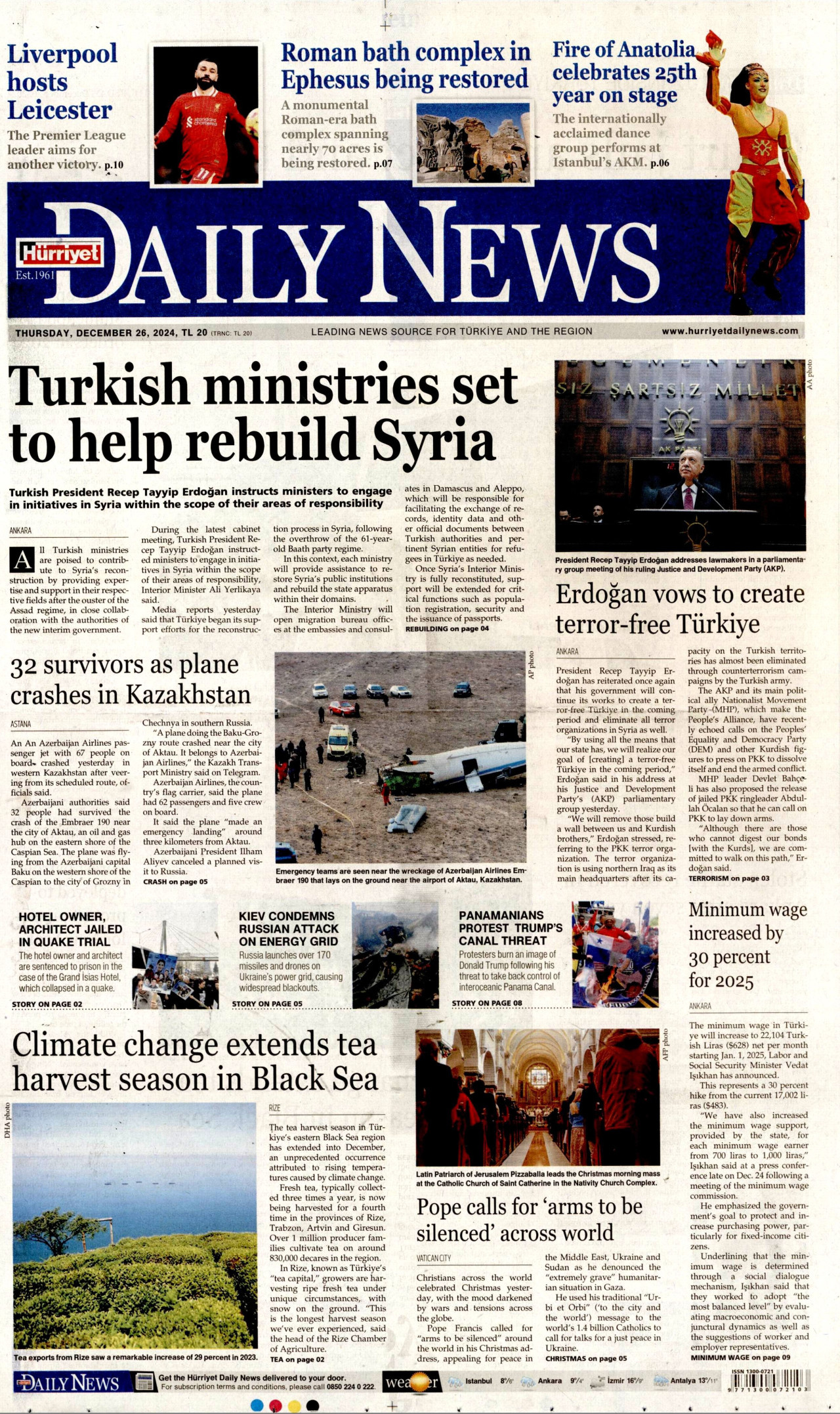 HÜRRİYET DAİLY NEWS gazetesinin 26 Aralık 2024 tarihli birinci sayfası