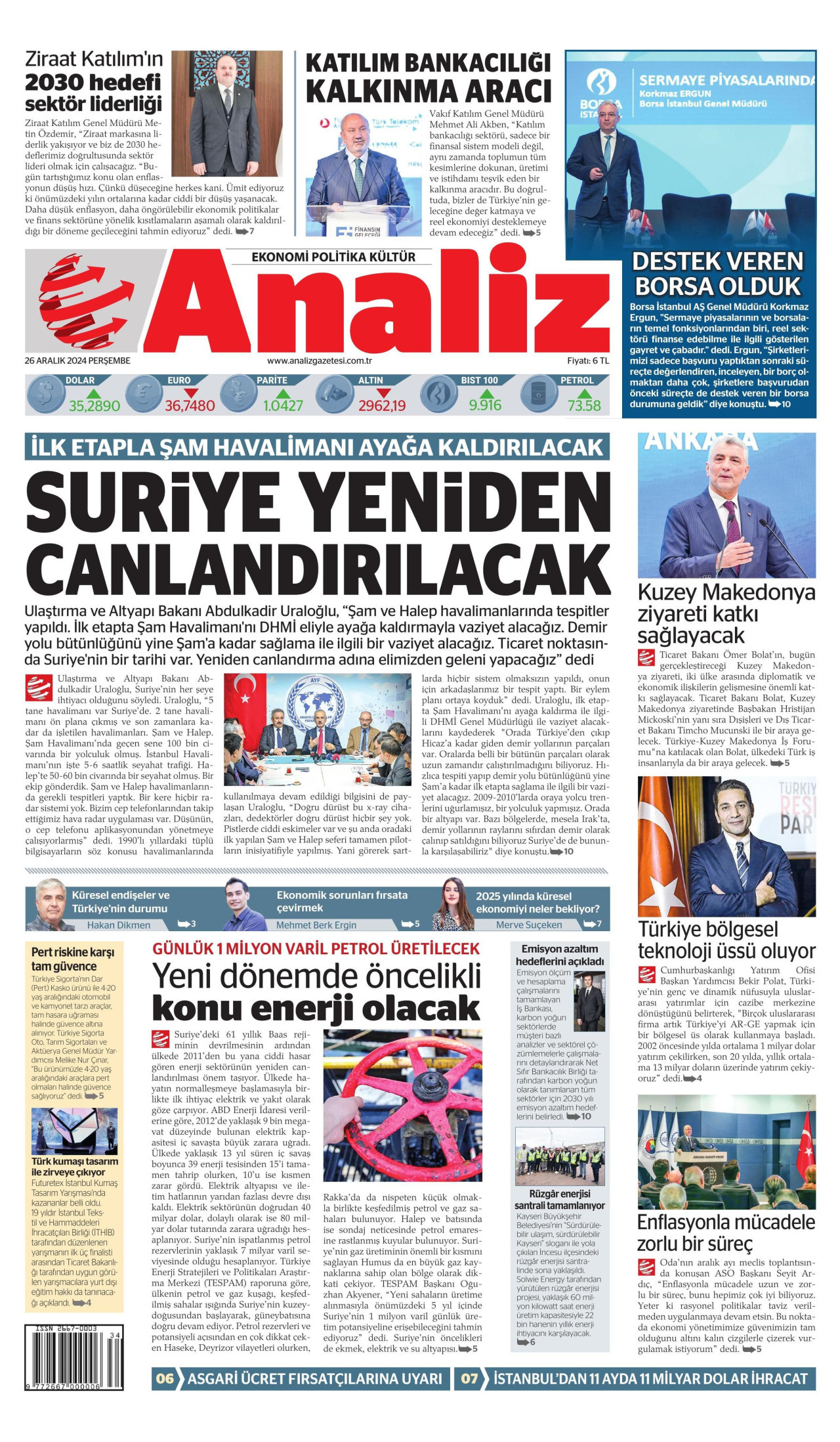 ANALİZ gazetesinin 26 Aralık 2024 tarihli birinci sayfası