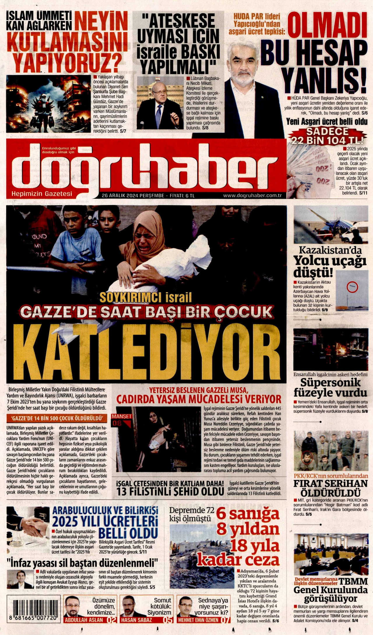 DOĞRU HABER gazetesinin 26 Aralık 2024 tarihli birinci sayfası
