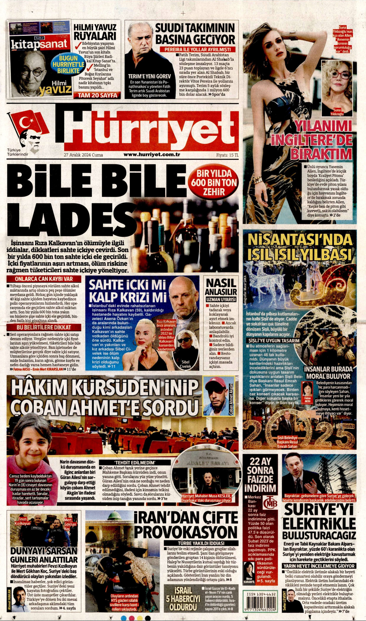 HÜRRİYET gazetesinin 27 Aralık 2024 tarihli birinci sayfası