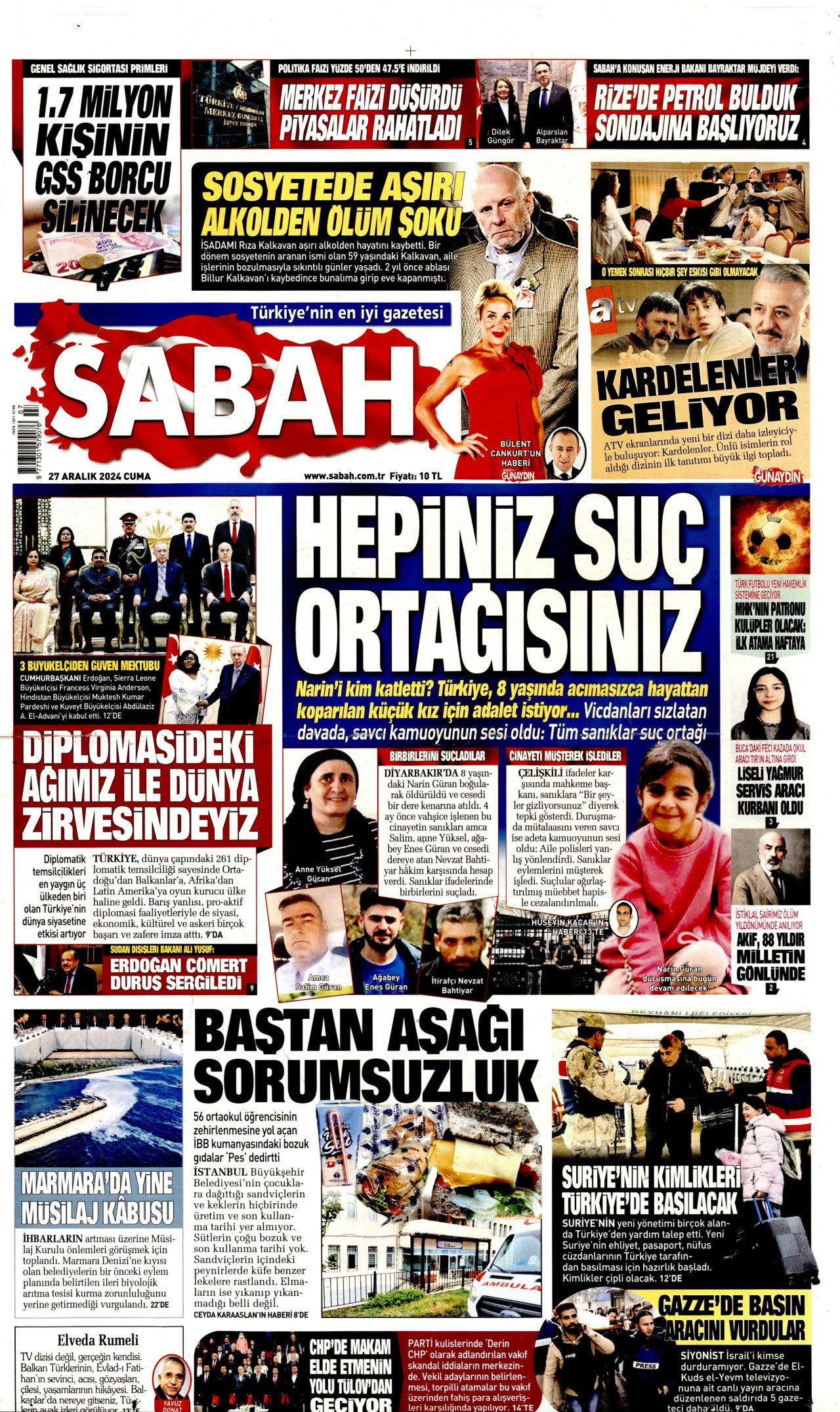 SABAH gazetesinin 27 Aralık 2024 tarihli birinci sayfası