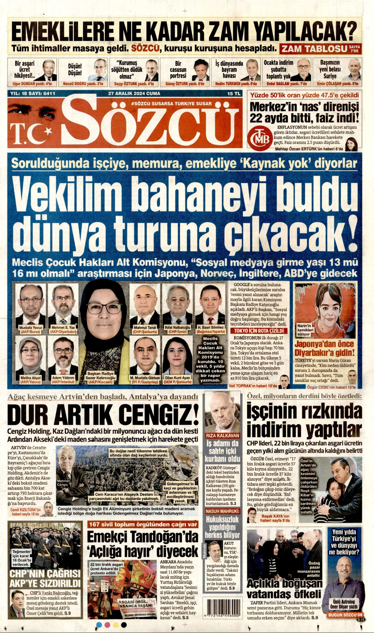 SÖZCÜ gazetesinin 27 Aralık 2024 tarihli birinci sayfası