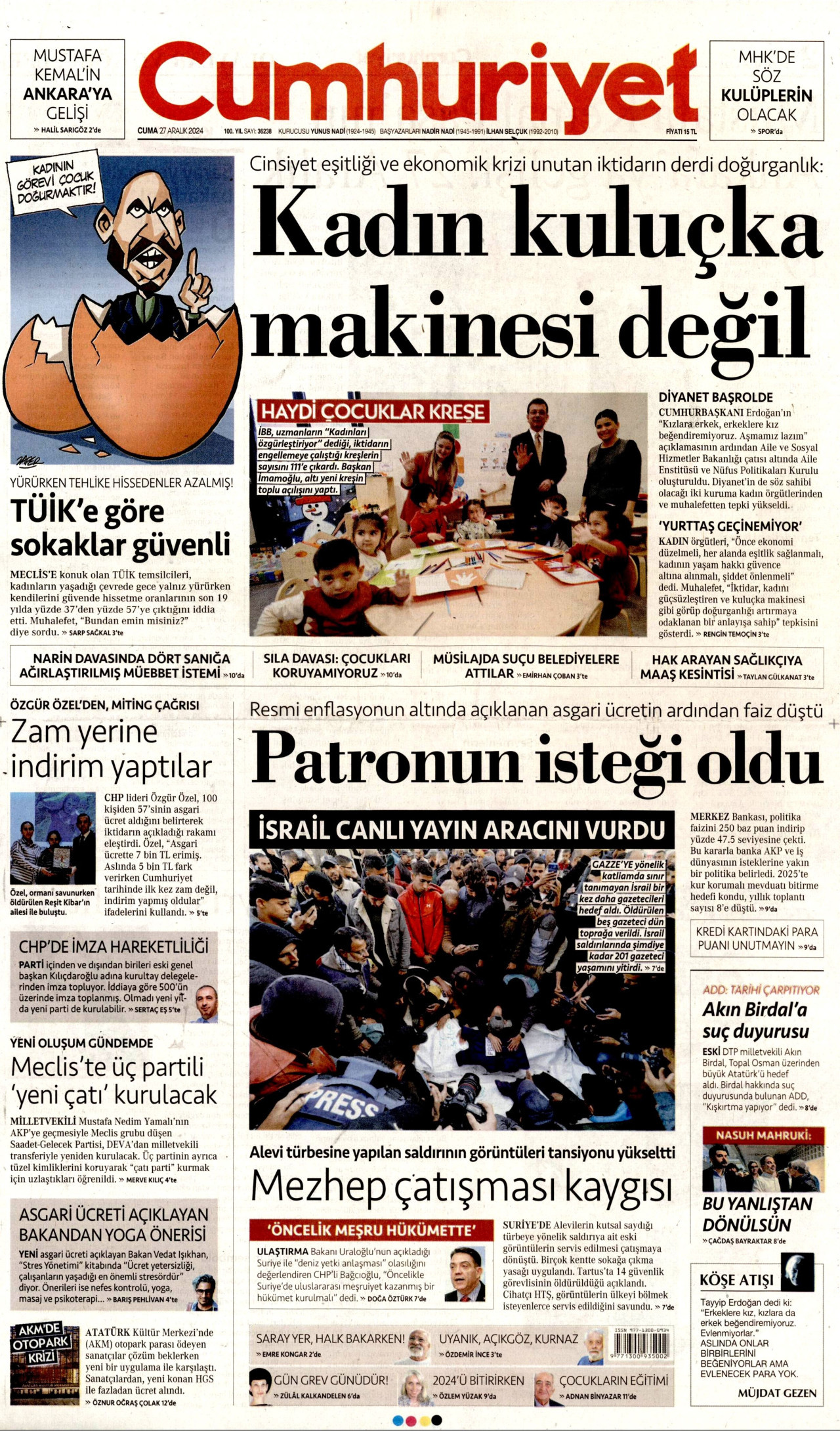CUMHURİYET gazetesinin 27 Aralık 2024 tarihli birinci sayfası