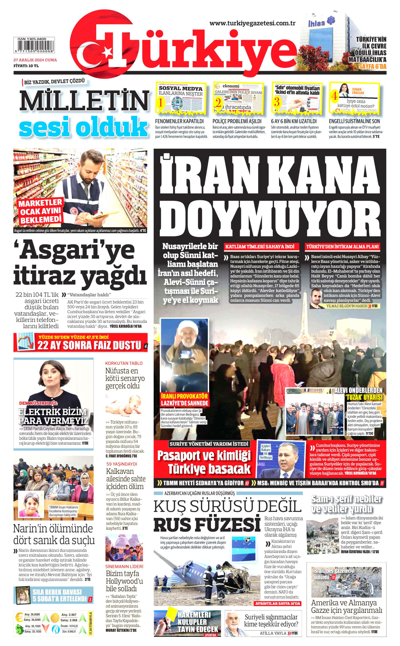 TÜRKİYE GAZETESİ gazetesinin 27 Aralık 2024 tarihli birinci sayfası