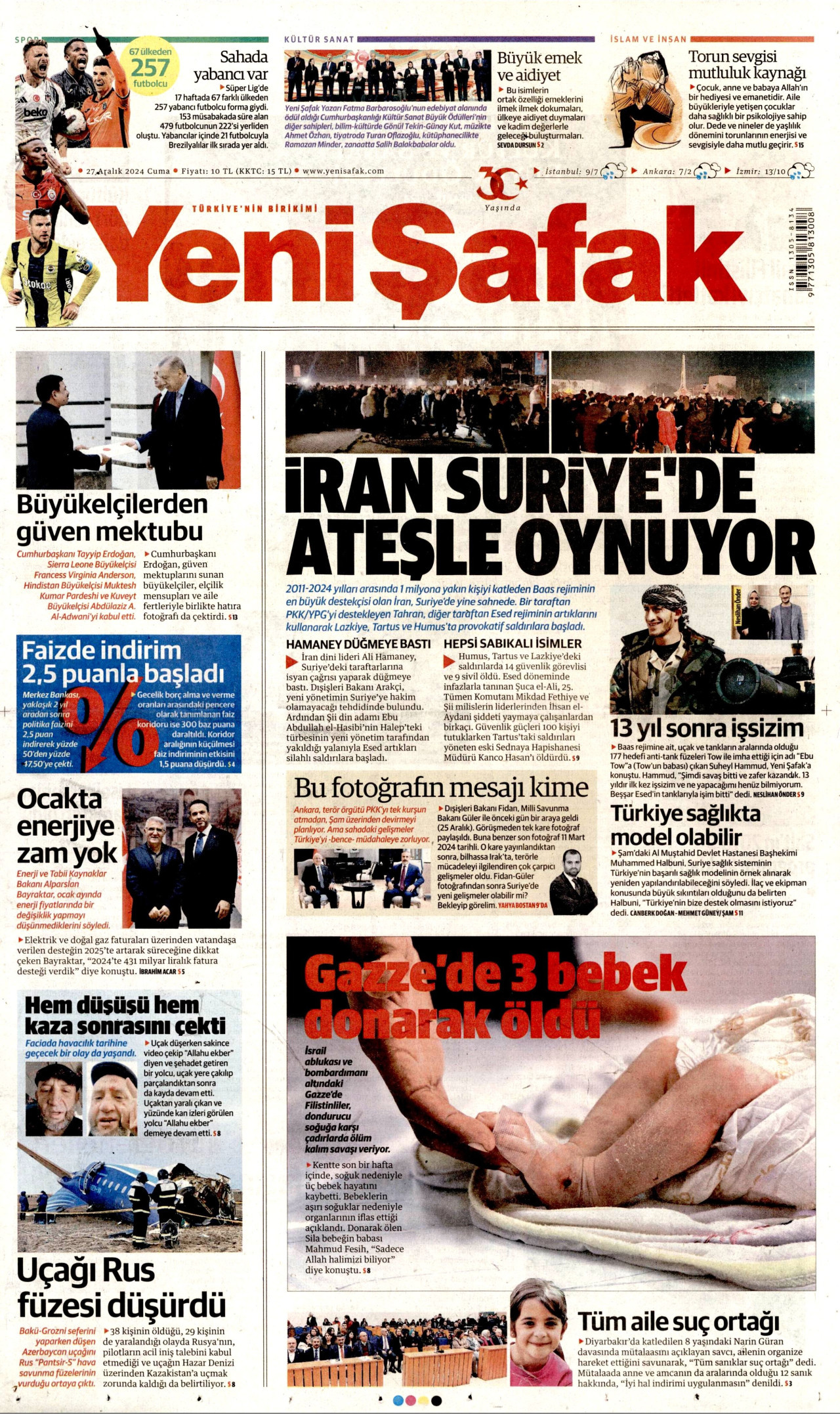 YENİ ŞAFAK gazetesinin 27 Aralık 2024 tarihli birinci sayfası